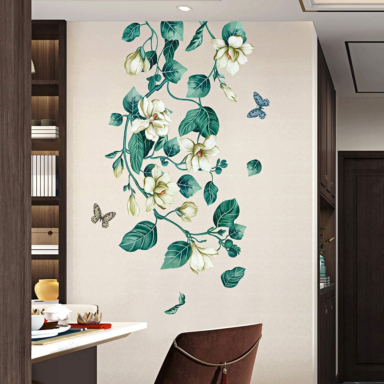 Livegallery Removable Vinyl Fresh Green Leaf And White Flower Wall Sti ...