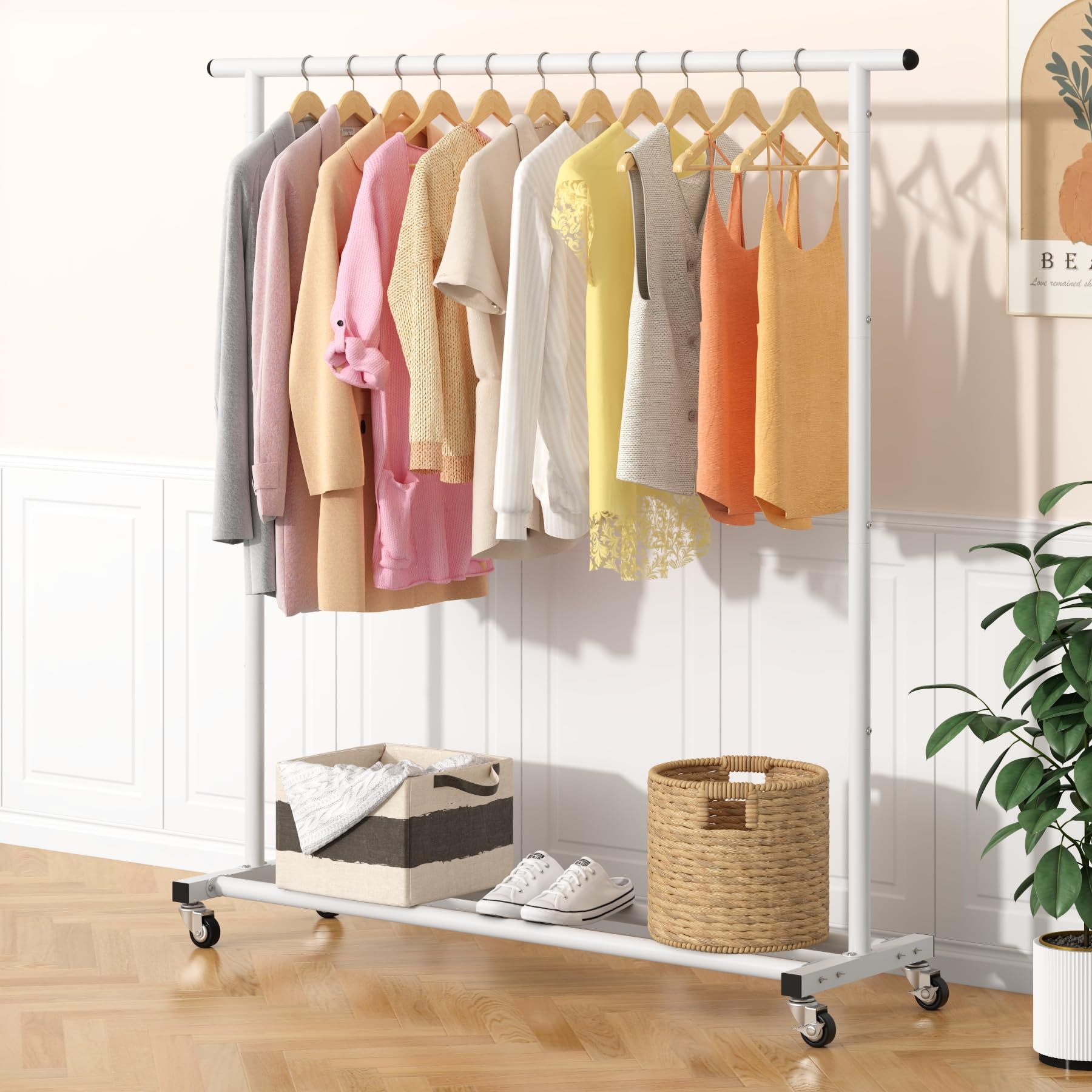 Buzowruil Clothing Rack Clothes Rack Standard Rod Simple Rolling Metal Garment Rack Organizer Freestanding Hanger With Wheels,Wh