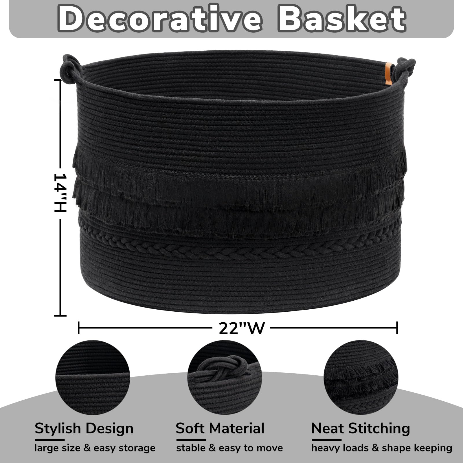 Cherrynow Extra Large Black Laundry Basket, Rope Storage Basket For Bathroom, Bedroom, Living Room, Entryway, Big Blanket Basket