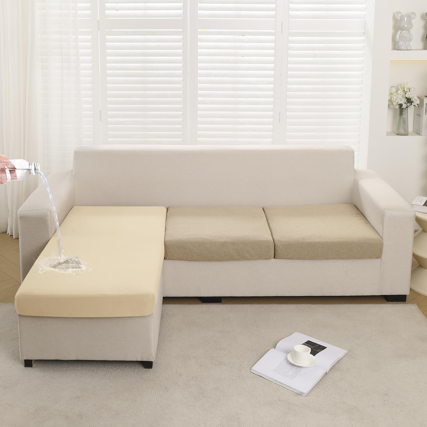 Hokipo 100% Waterproof Elastic 140Gsm Chaise Cover Sectional Couch Covers For L Shaped Sofa, 1 Piece Chaise Cover, Beige (Ar-535