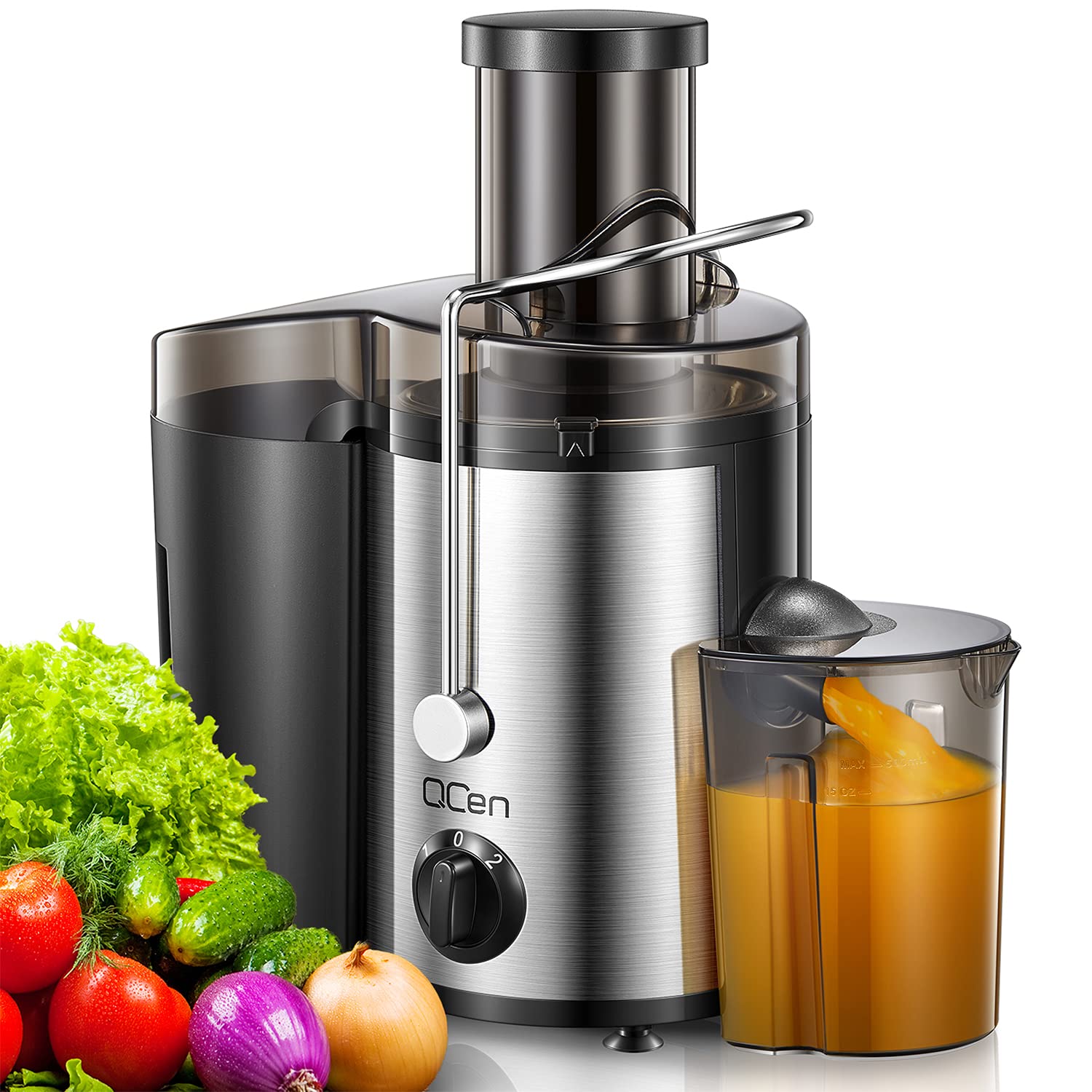 Qcen Juicer Machine, 500W Centrifugal Juicer Extractor with Wide Mouth 3 Feed Chute for Fruit Vegetable, Easy to Clean, Stainles