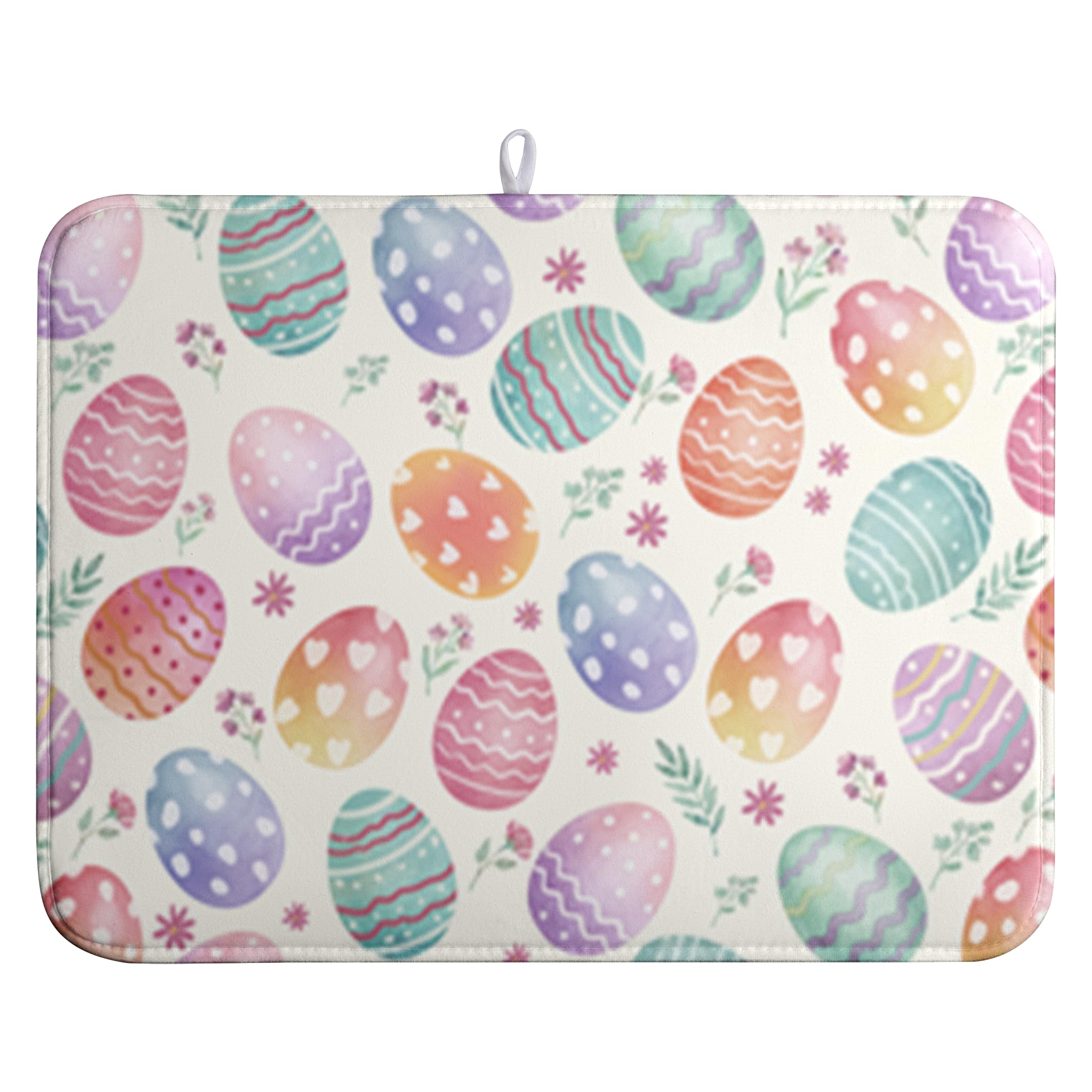 Wnoesat Easter Dish Drying Mat for Kitchen Counter Easter Spring Colorful Eggs Floral Drying Mats Absorbent Reversible Microfibe