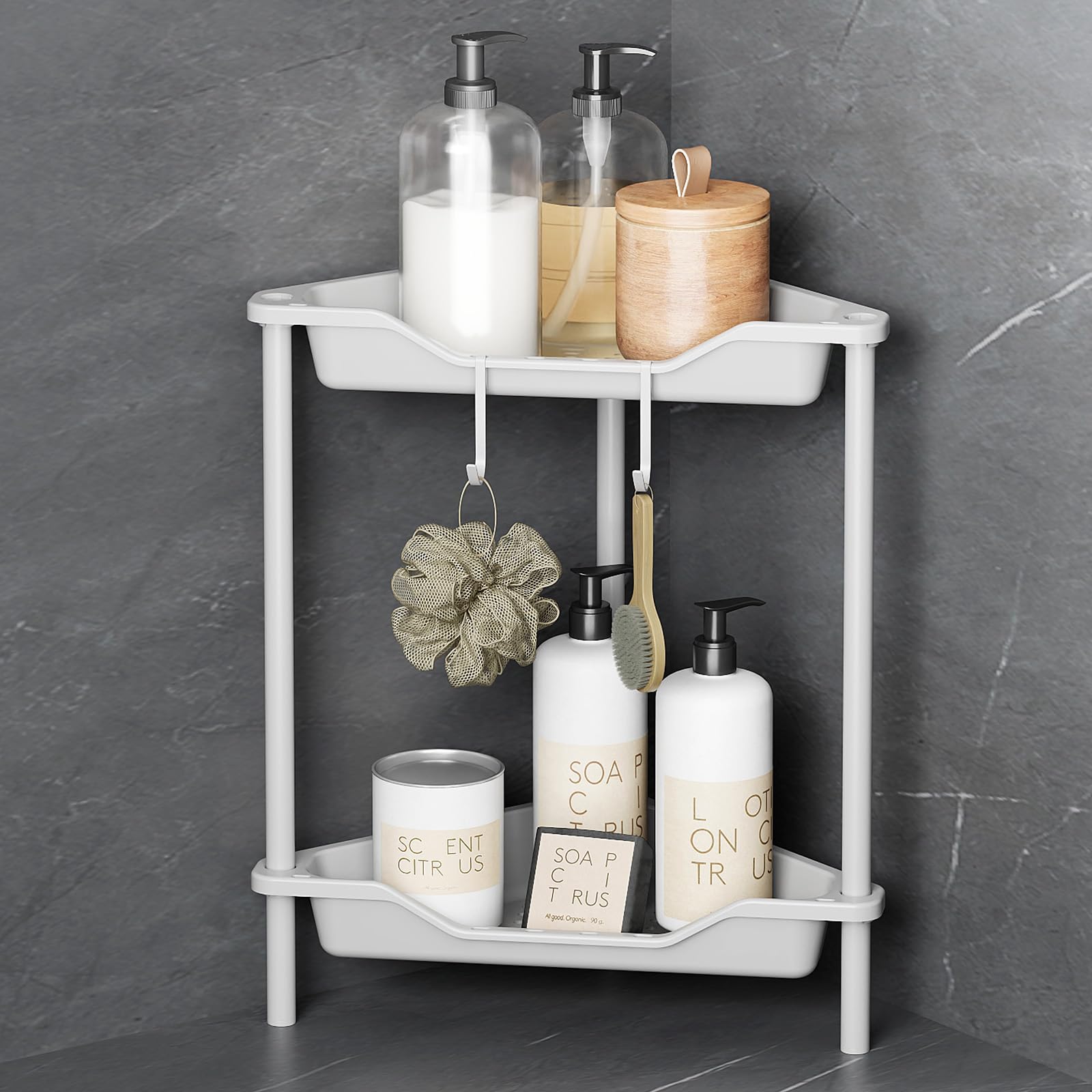Odesign 2 Tier Floor Standing Corner Shower Caddy Organizer Plastic Metal Splicing Shelf Storage Rack For Bathroom White - Rustp
