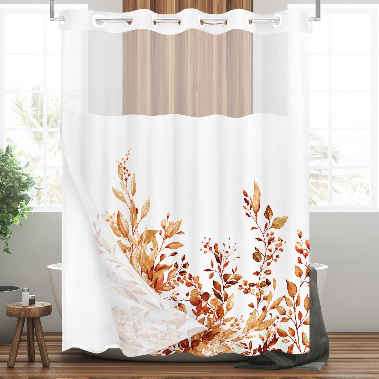 Tititex No Hooks Snap In Liner Orange Eucalyptus Leaves Shower Curtain Sets, Hotel Luxury Double Layers Waterproof Fabric & See-