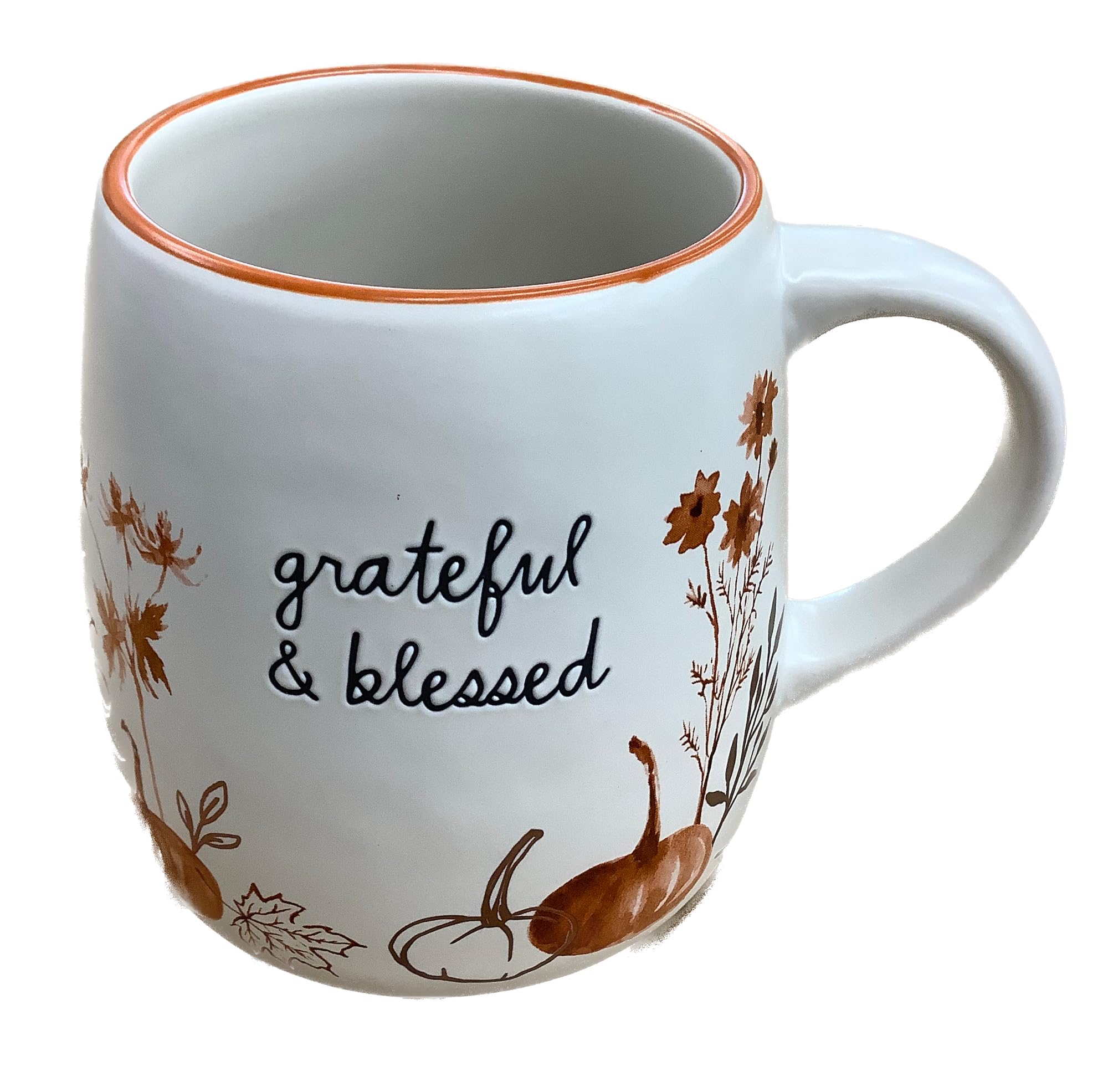 Rae Dunn by Magenta Fall Thanksgiving Themed Coffee Tea Ceramic Mug (Grateful & Blessed  Pumpkins & Flowers)