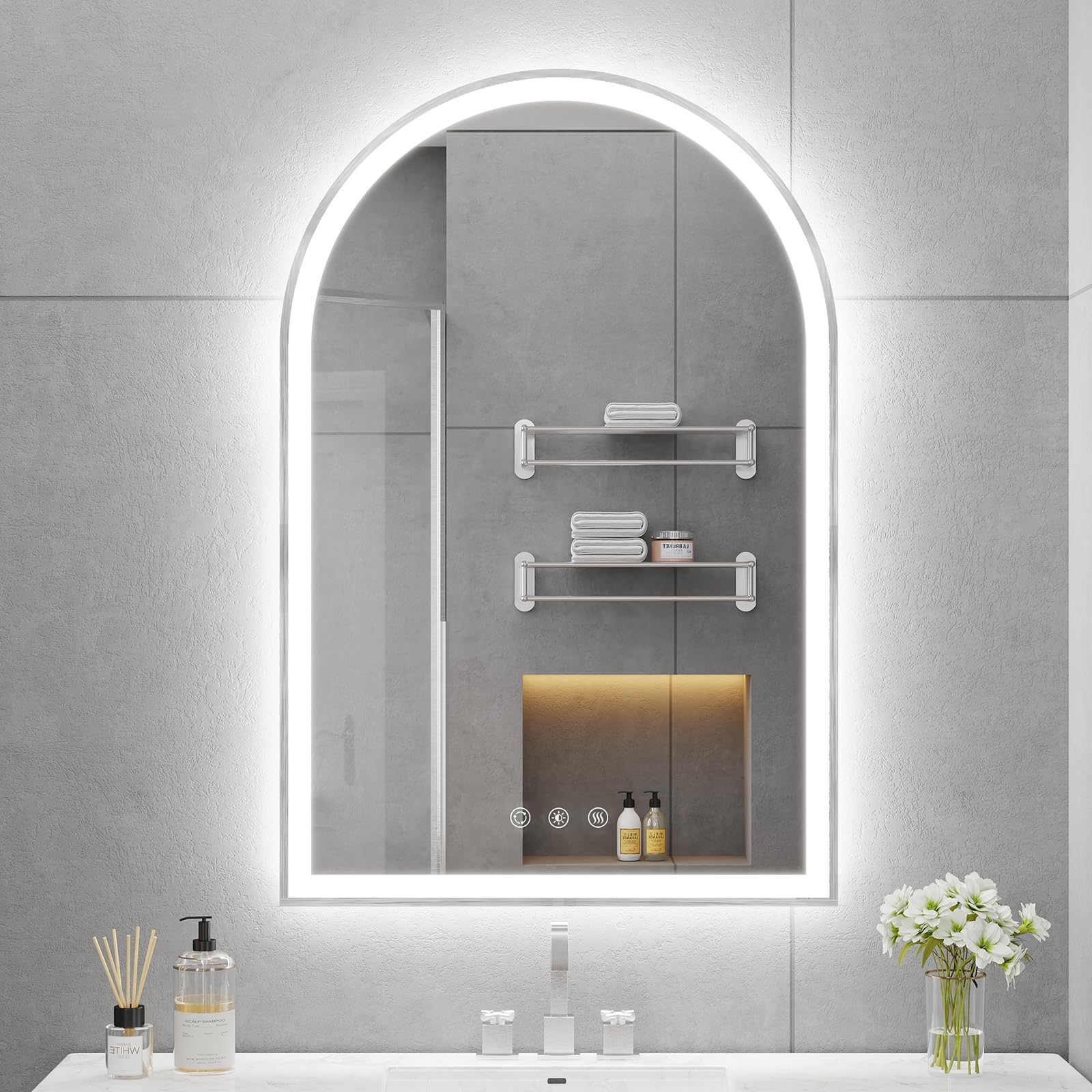 Oumusu Arched Led Bathroom Mirror 20''X30'' With Front And Backlight, Brushed Nickel Bathroom Mirror With Lights-Anti-Fog, Dimma