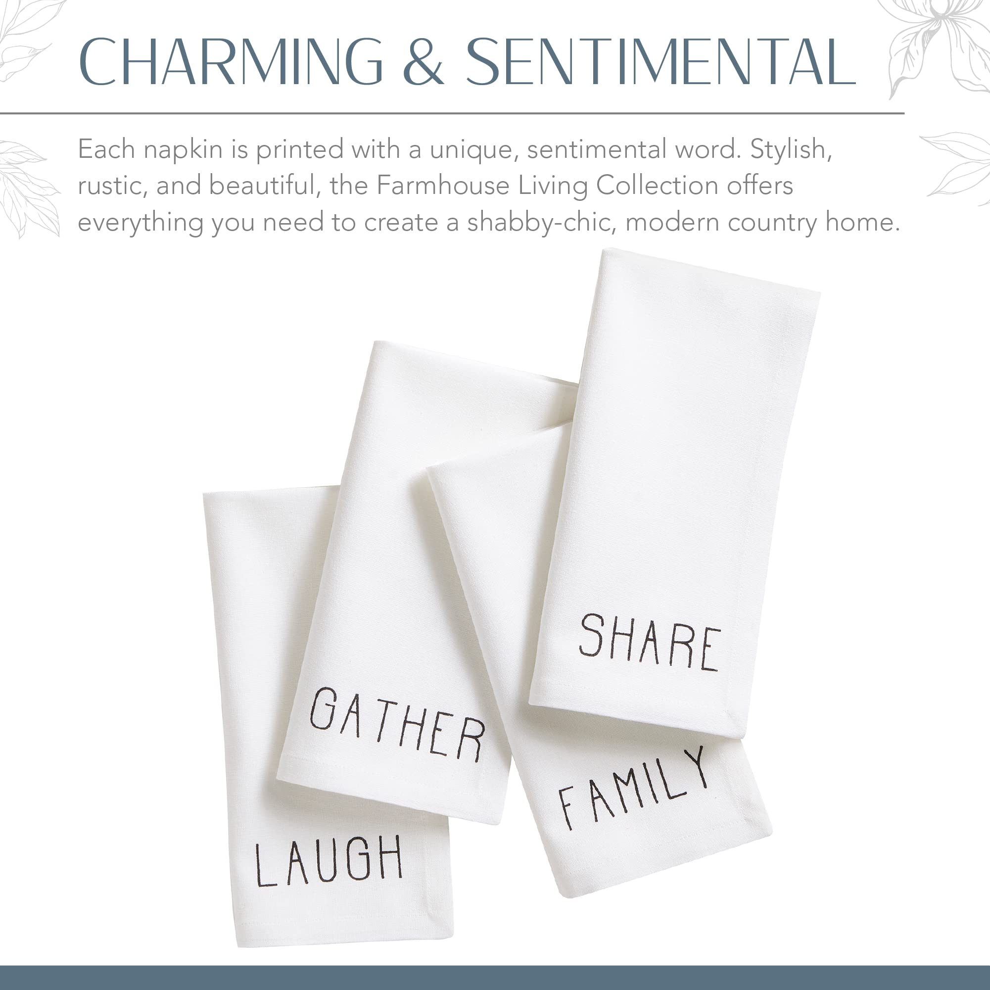 Elrene Home Fashions Farmhouse Living Sentiments Napkins, 20'' X 20'' (Set Of 4), Black/White 4