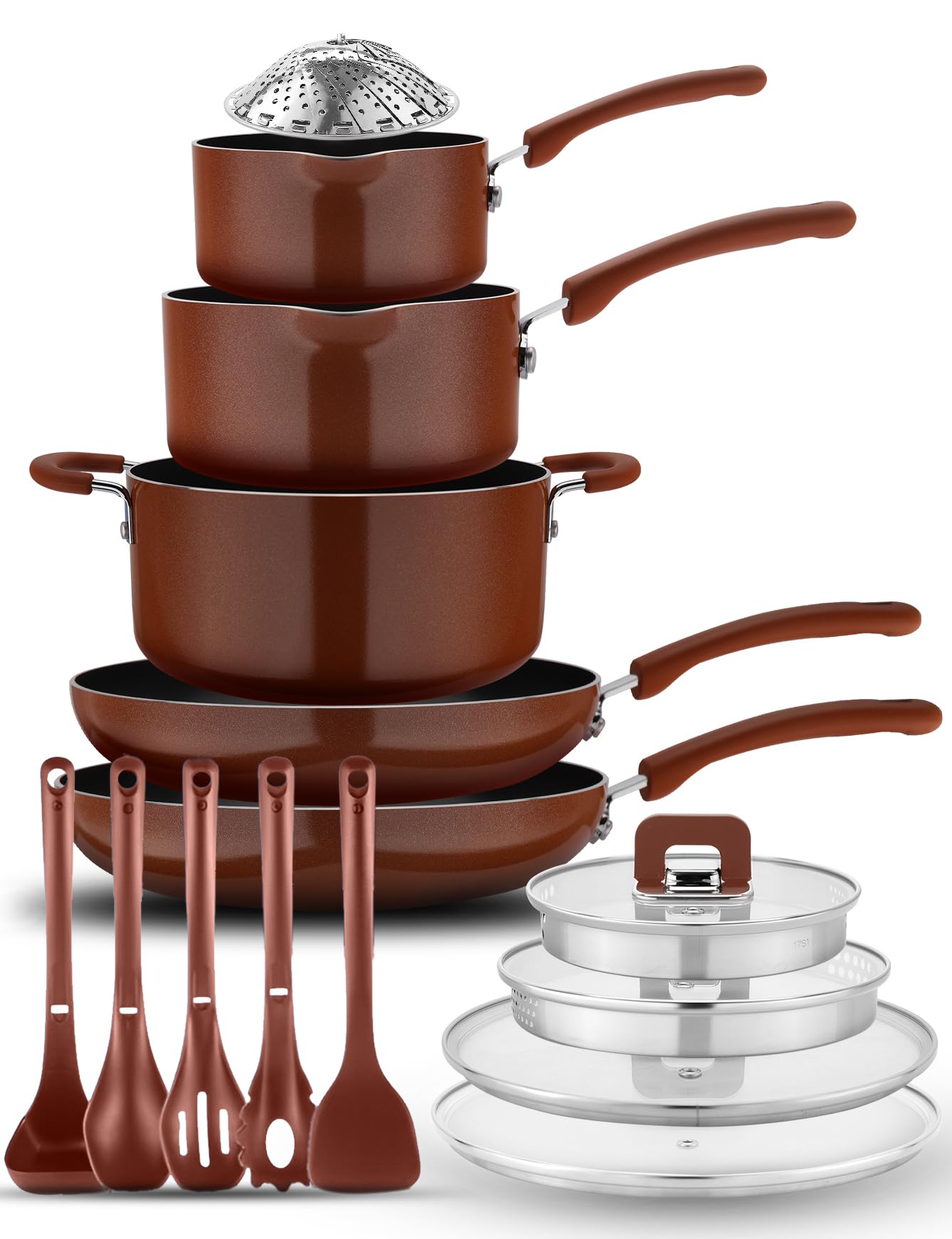 NutriChef 17pcs Brown Stackable Pots and Pans Set, Nonstick Induction Cookware, Space Saving Cookware, Easy Clean, Ideal For RV 