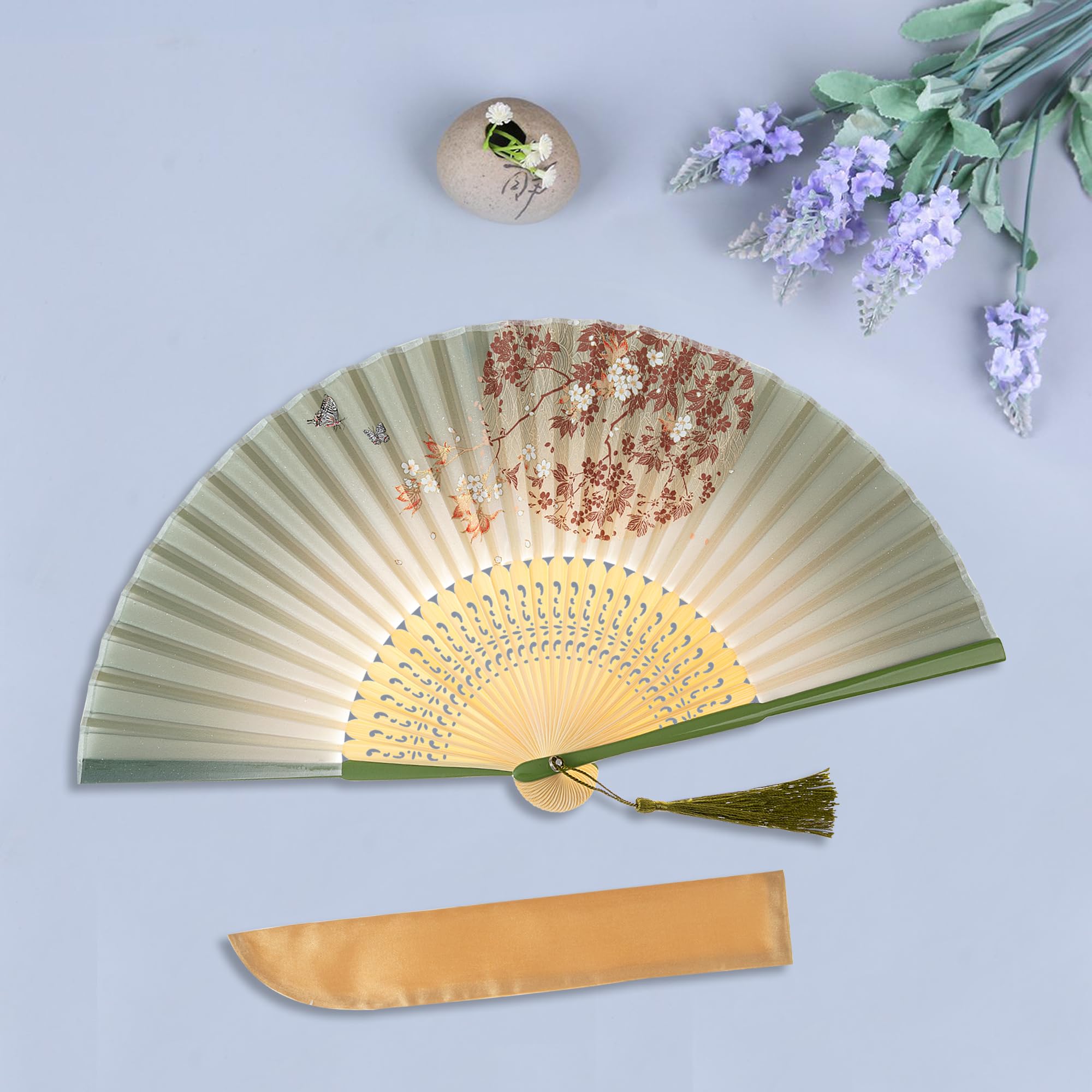 Salutto Hand Fan Bamboo Printed Pattern Folding Fan Lacquered Bamboo Fan For Party Wedding Gift With tassel and fan cover Globe