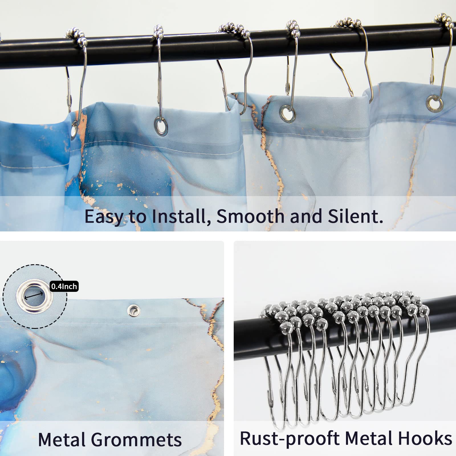 Gibelle Extra Long Shower Curtain 72 X 84, Tall Abstract Blue Grey Marble Shower Curtain, Modern Ink Art Waterproof Fabric Showe