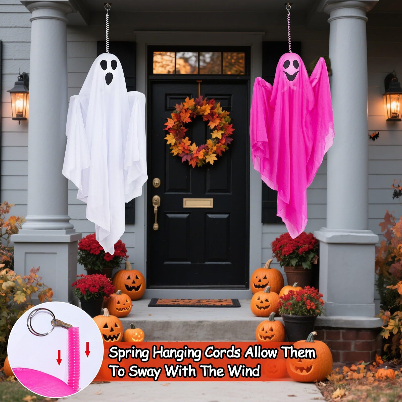 [ Sound Activated ] Light up Halloween Animatronics Hanging Ghost Decorations with Creepy Sound & Shake Hands, Lighted Flying Gh