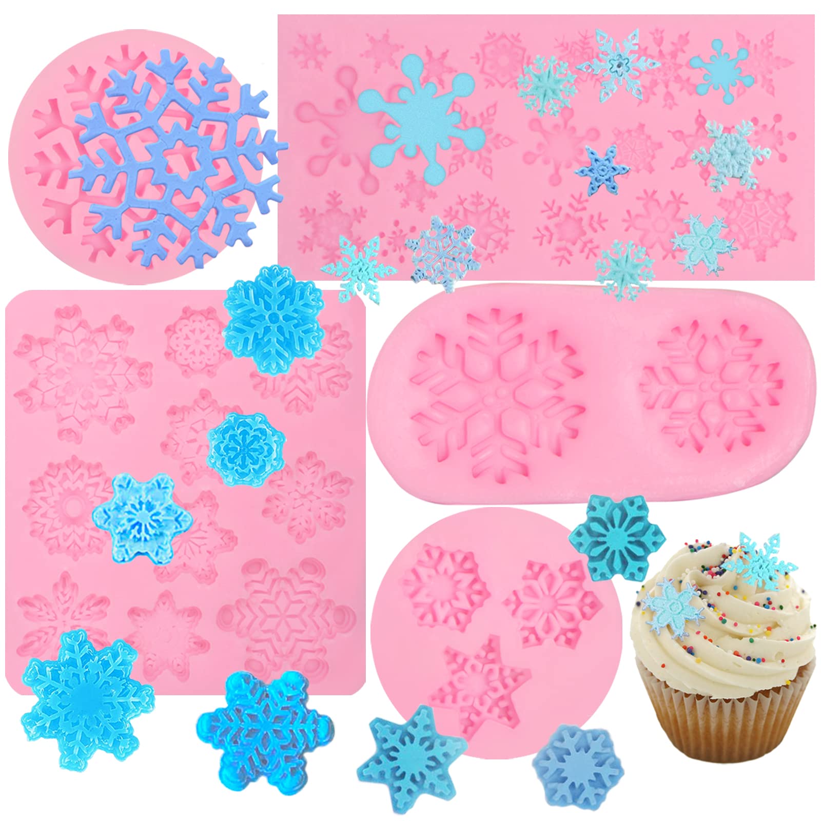 Christmas Snowflake Silicone Molds 5 Pcs, Christmas Snow Chocolate Fondant Mold For Cake Candy Sugarcraft Cake Decoration Sugar