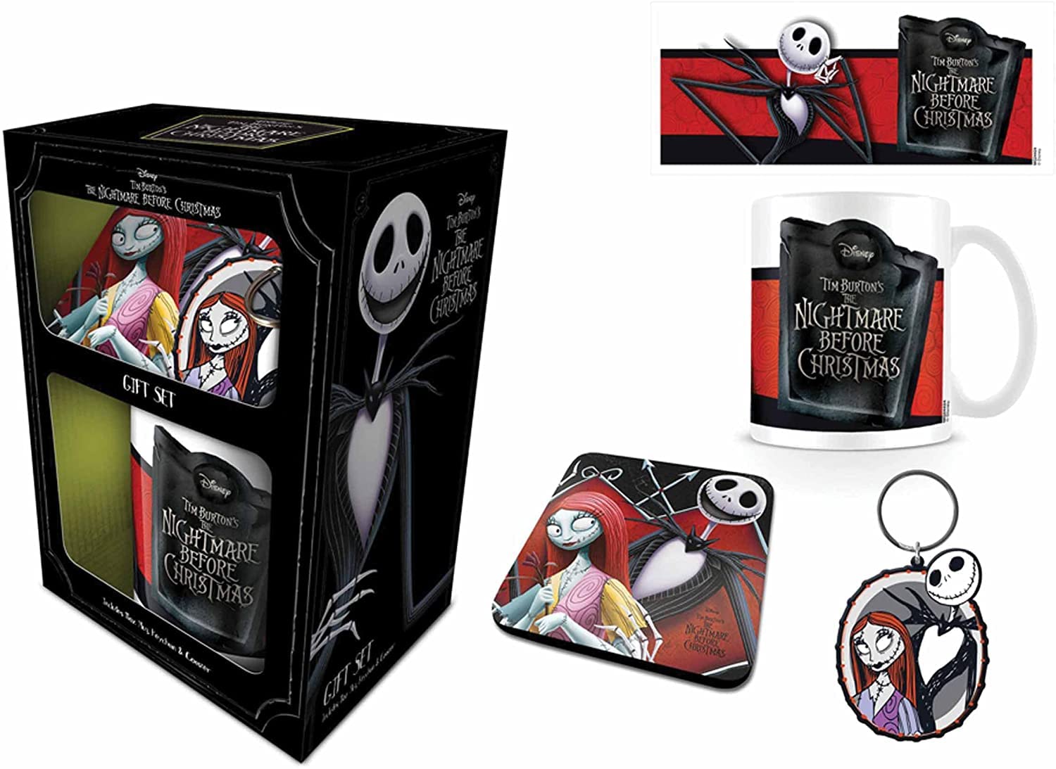 Nightmare Before Christmas Mug, Coaster And Keyring Set In Presentation Gift Box (Jack And Sally Design) 11Oz Ceramic Mug - Offi