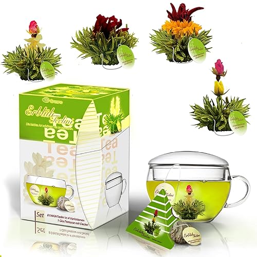 creano Bloomning Tea gift Set with Tea glass 7oz and 8 Tea Flowers in cup Size - green Tea - gift for Women  Mother  Tea Lovers