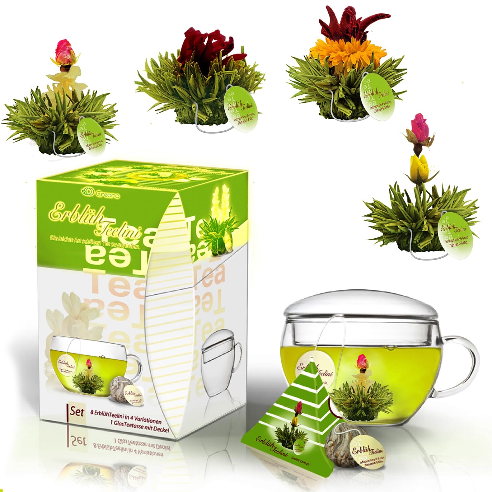 creano Bloomning Tea gift Set with Tea glass 7oz and 8 Tea Flowers in cup Size - green Tea - gift for Women  Mother  Tea Lovers