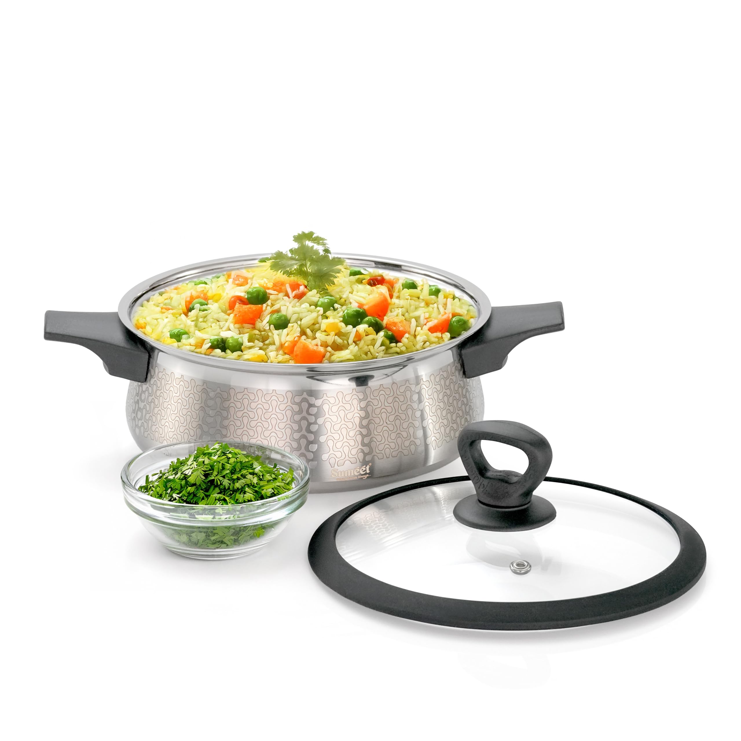 Sumeet ISI Certified Stainless Steel Cook & Serve Designer Shallow Biryani Pot Casserole with Glass Lid |Induction and Gas Compatible | Capacity - 2300ml -Dia - 21cm  Silver