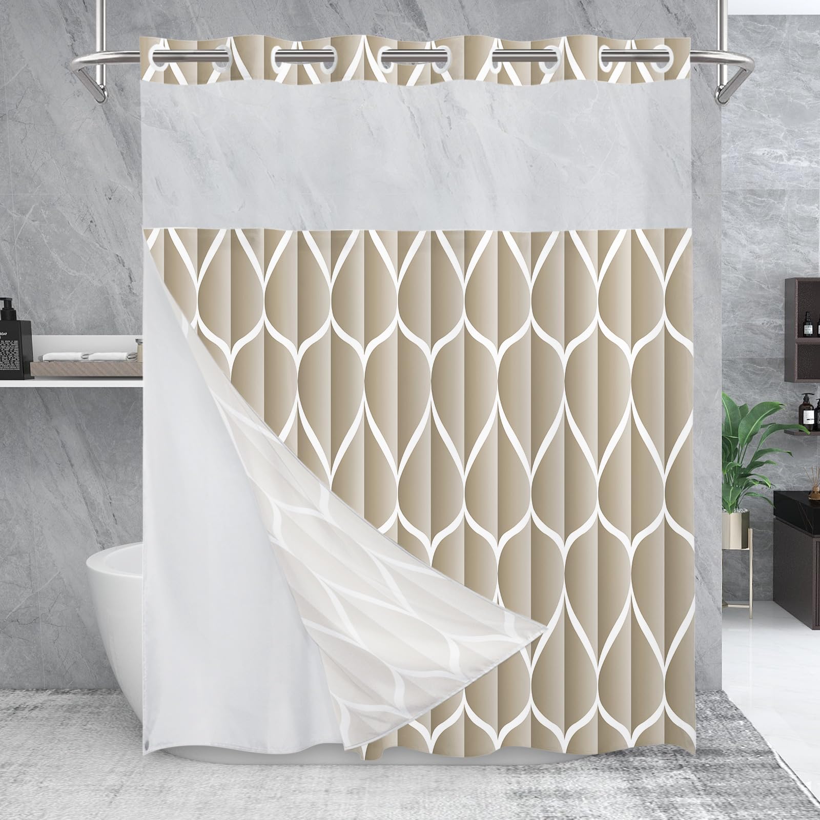 Yiatn No Hook Cream Shower Curtain With Snap In Fabric Liner Set - Hotel Style With See Through Mesh Top Window, Modern Geometri