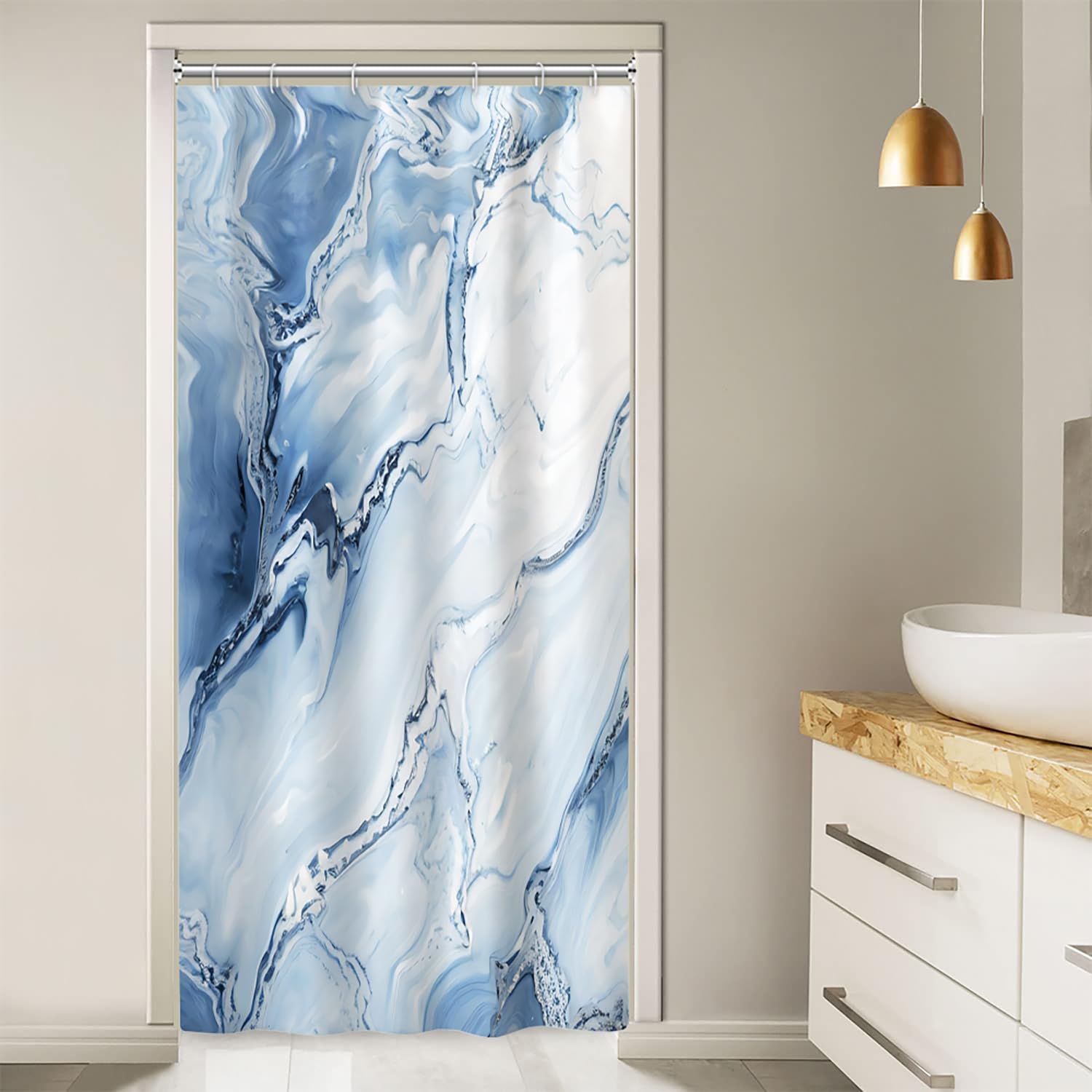 Ruelvth Stall Shower Curtain, Blue Marble Small Shower Curtain Modern Waterproof Fabric Narrow Rv Shower Curtain Set With Hooks,