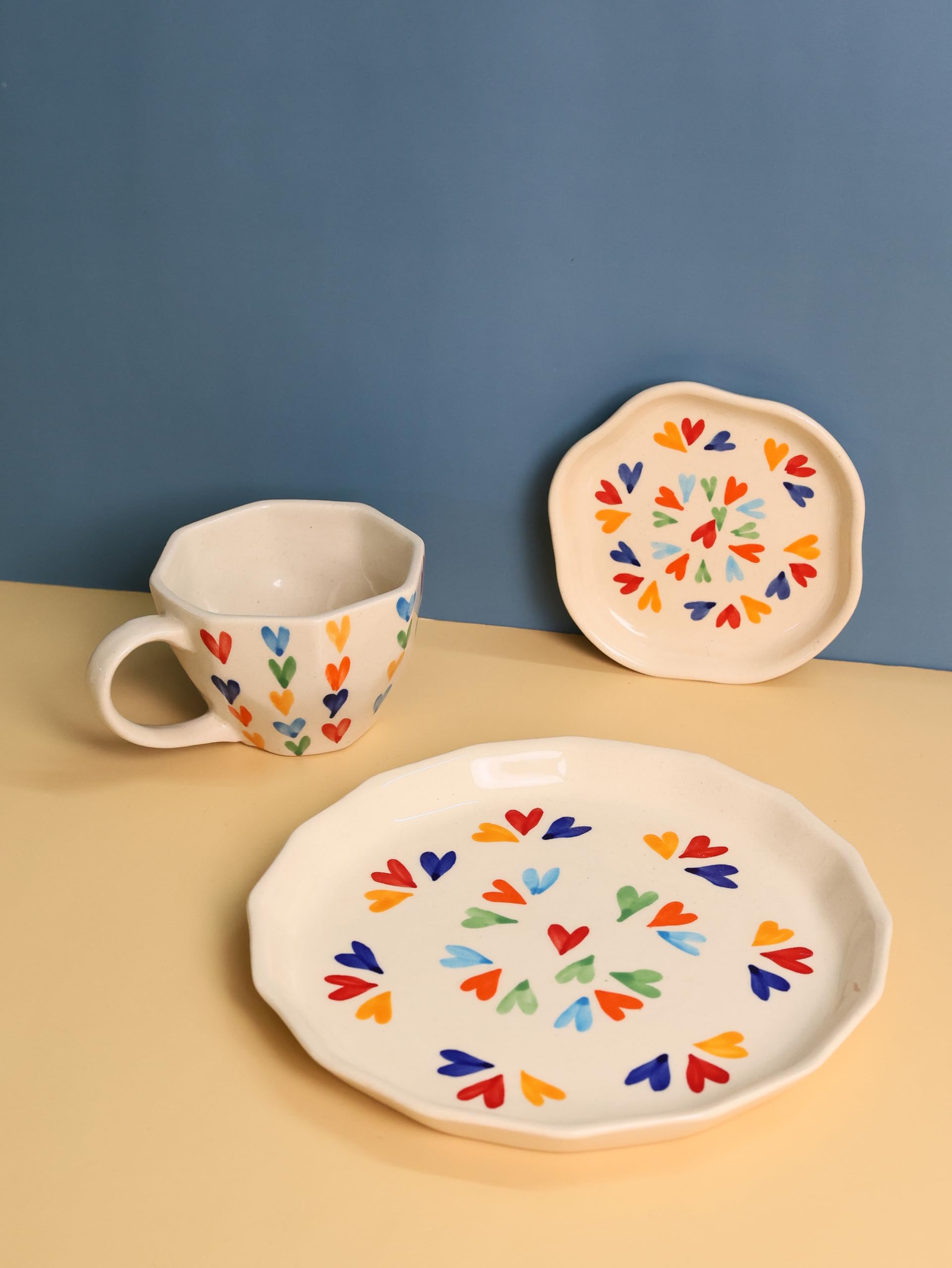 Weaving Homes Handcrafted Ceramic #Loveislove Coffee Mug, Snack & Dessert Plates - Set Of Three, Ceramic Mug & Plate, Serveware,
