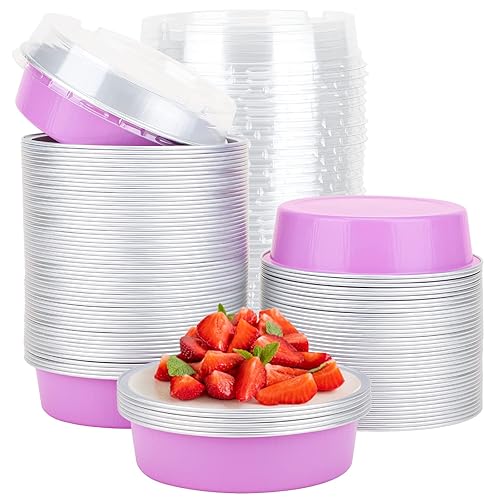 Beasea Disposable Mini Pans with Lids  100 Pack 4? 8oz Light Pink Aluminum Baking Foil Tins Round Small Tart Container for Individual Cupcake Dessert Muffin Ramekin Cheesecake Quiche Oven Dishes