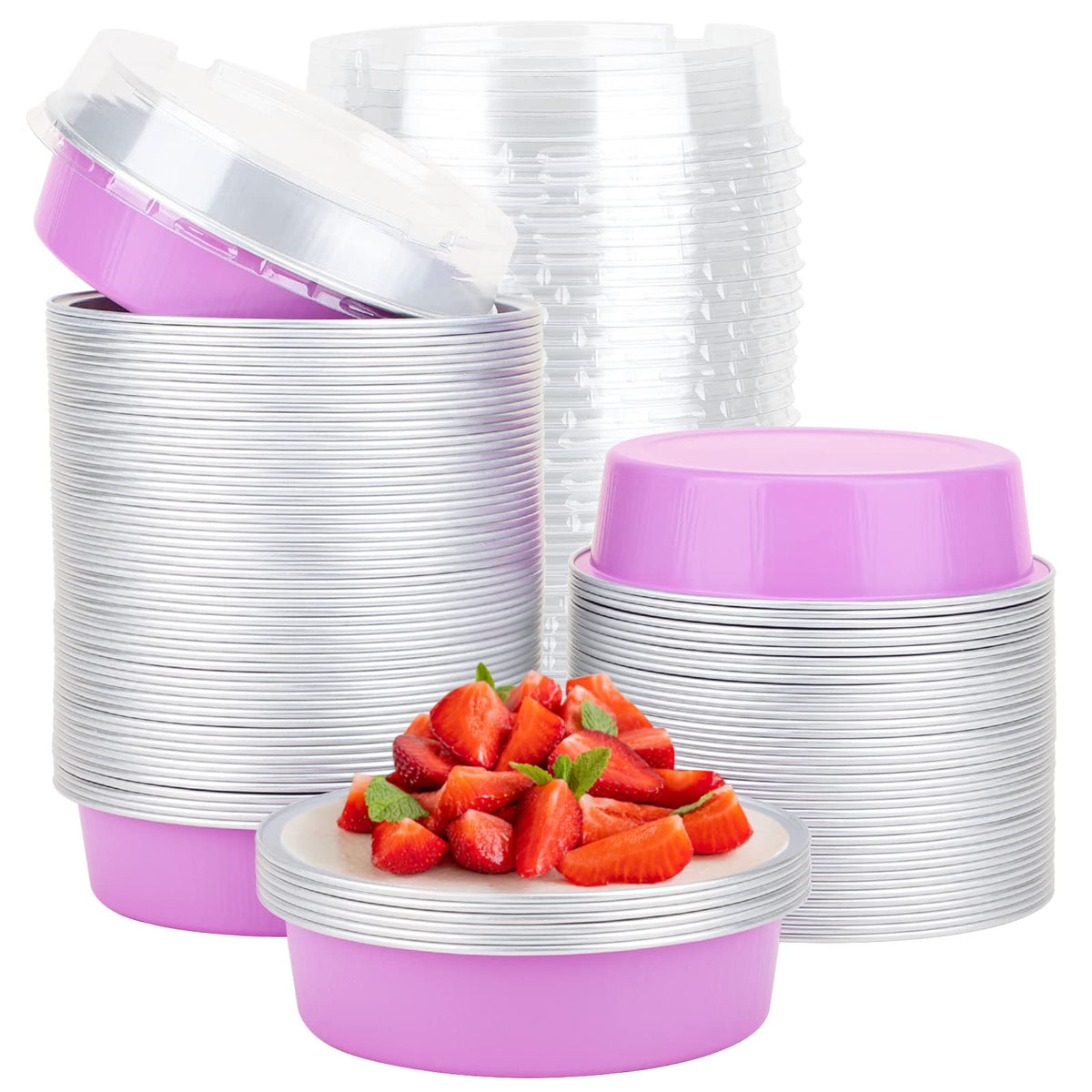 Beasea Disposable Mini Pans With Lids, 100 Pack 4    8Oz Light Pink Aluminum Baking Foil Tins Round Small Tart Container For Ind