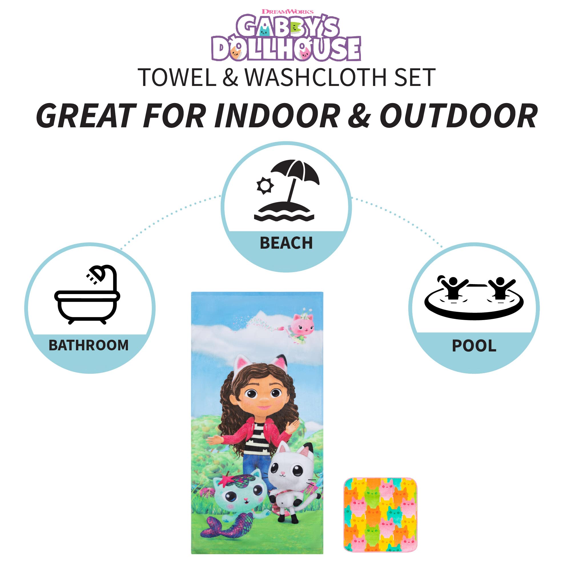 Franco Gabby 's Dollhouse  Gabby  Mercat and Pandy Kids Bath/Pool/Beach Soft Absorbent Cotton Terry Towel with Washcloth 2 Piece Set  50 in x 25 in  (Official DreamWorks Product)