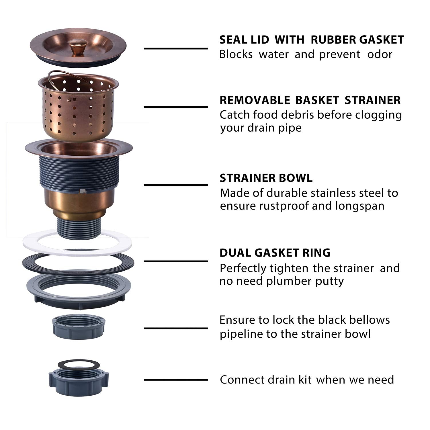 Kone 3/1-2 Inch Sink Drain Assembly Antique Copper Kitchen Sink Drain Kit Copper Stainless Steel Sink Basket Strainer Rubber Sto