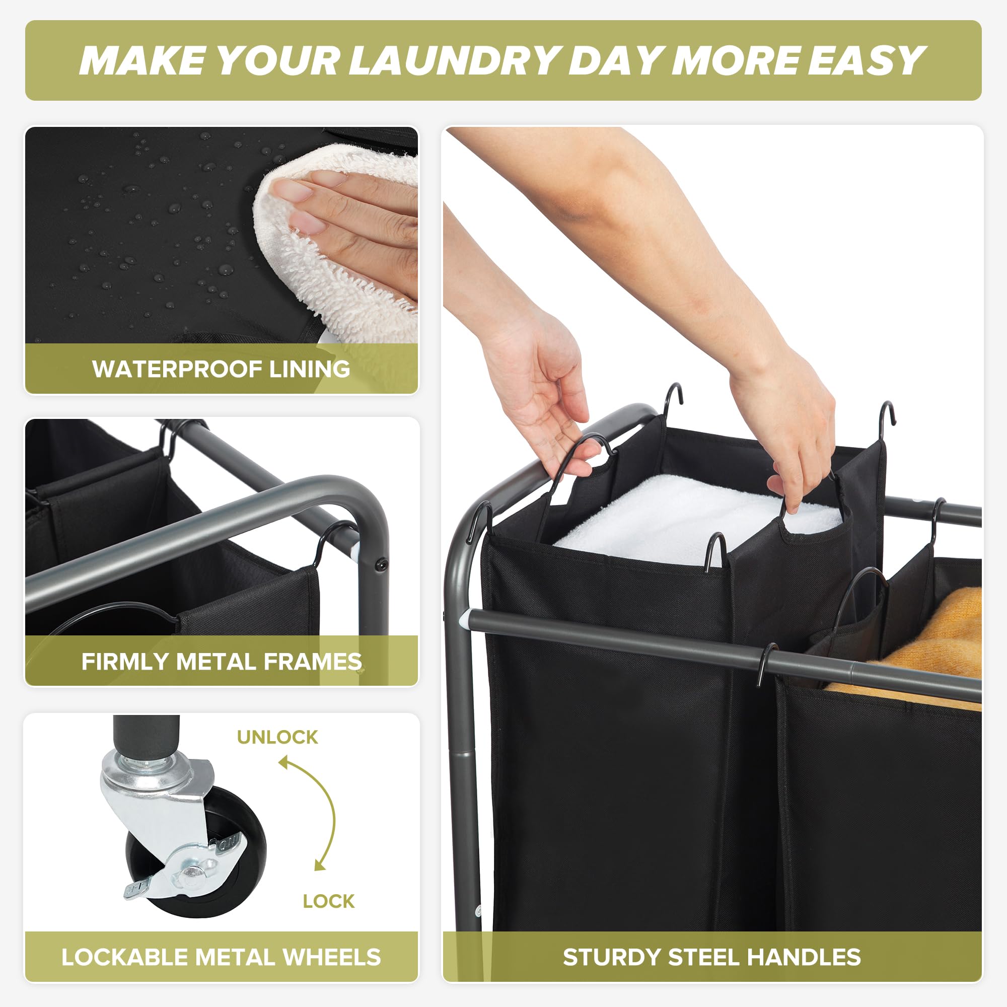 Storageideas Laundry Sorter Hamper With Wheels, Heavy-Duty Laundry Sorter Rolling Cart, Lockable Wheels And Removable Bags, 4 Se