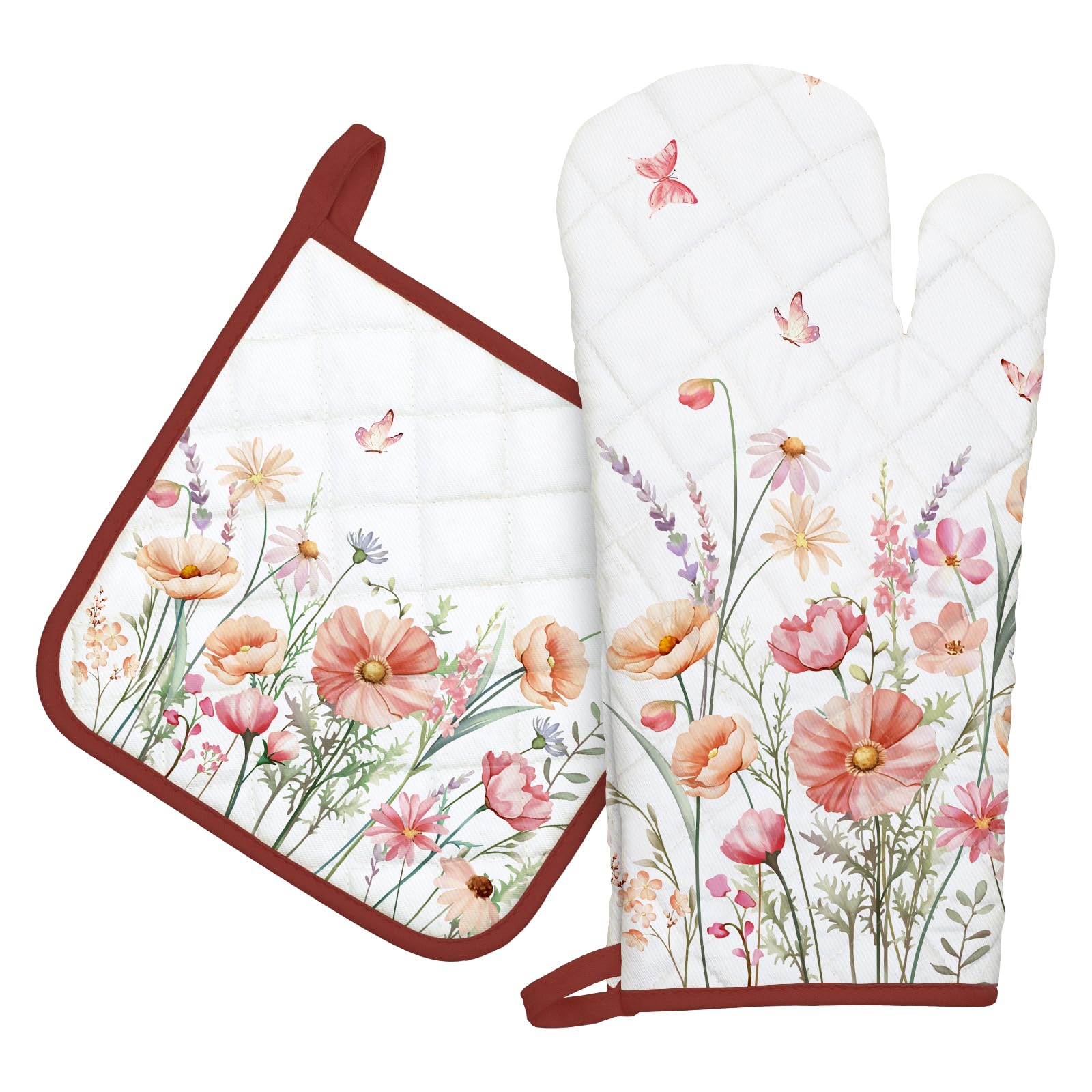 Arquiel Pink Floral Oven Mitts And Pot Holders Sets 2Pcs, 100% Cotton Heat Resistant, Extra Long Oven Gloves Potholder For Kitch