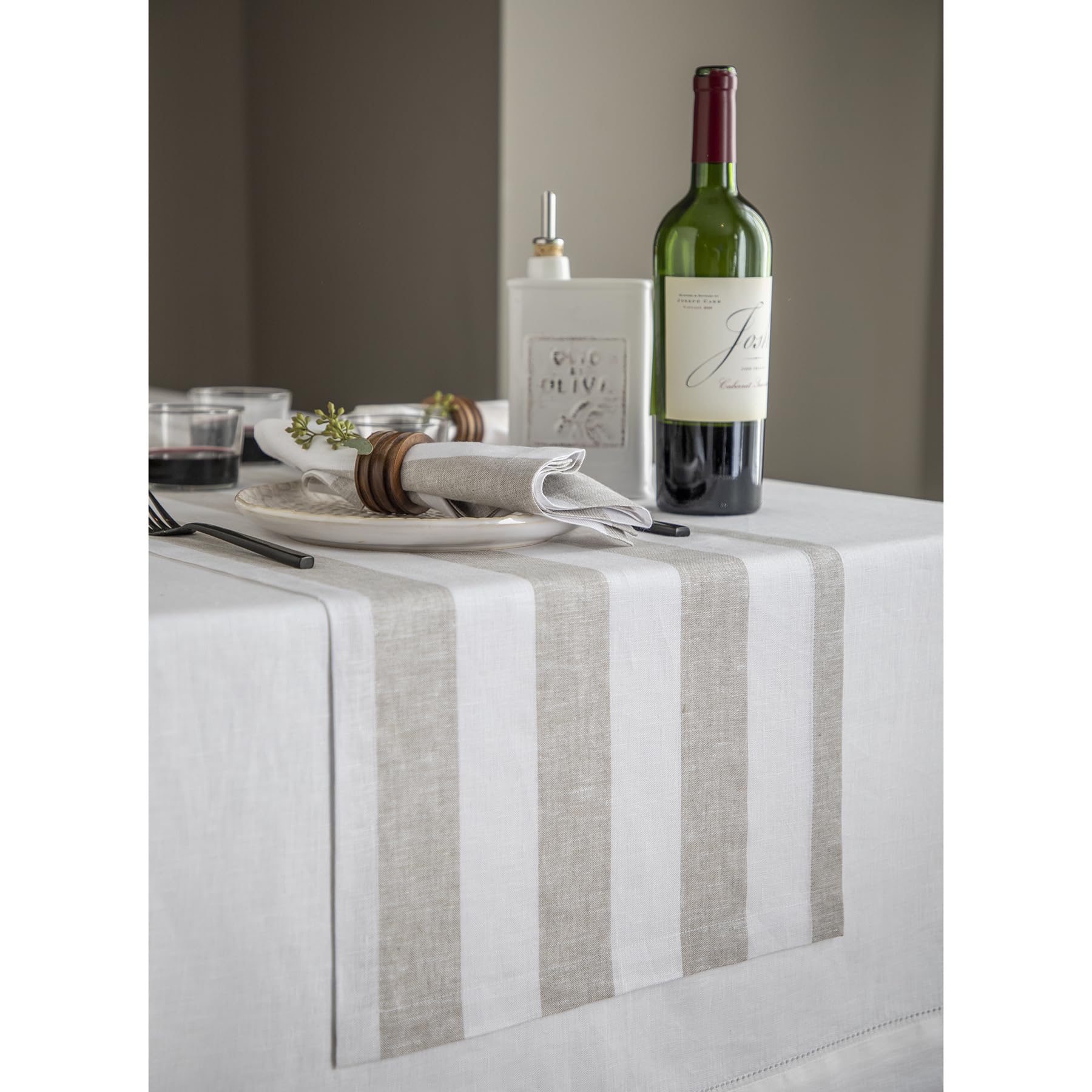 Solino Home Linen Stripe Table Runner 108 Inches Long - 100% Pure Linen Natural And White Table Runner 14 X 108 Inch - Cabana St