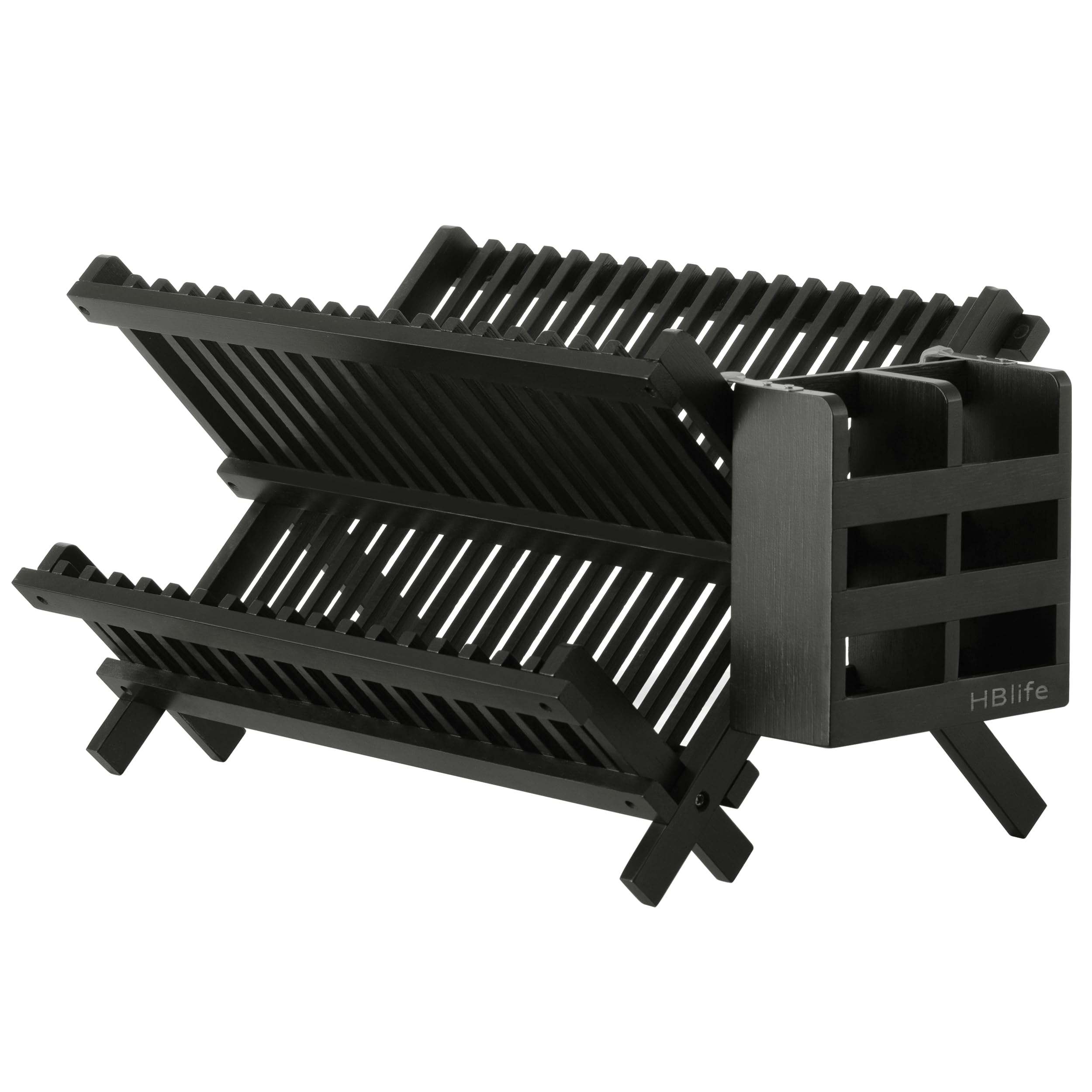 HBlife Dish Rack, Bamboo Folding 2-Tier Collapsible Drainer Dish Drying Rack with Utensils Flatware Holder Set (Dish Rack with U