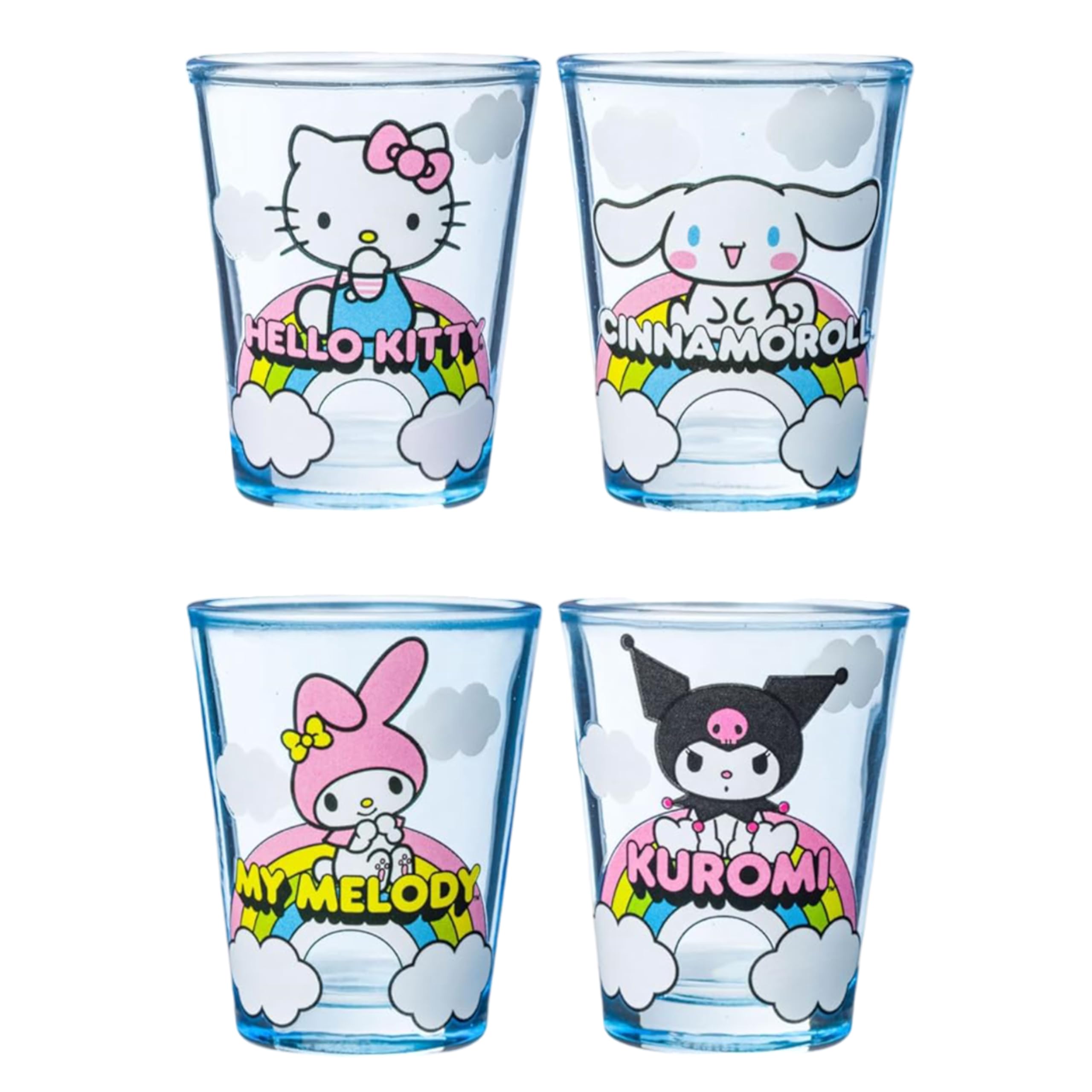 Silver Buffalo Sanrio Hello Kitty and Friends Featuring Cinnamoroll, My Melody, and Kuromi Rainbow Cloud 4 Pack Mini Glass Set, 
