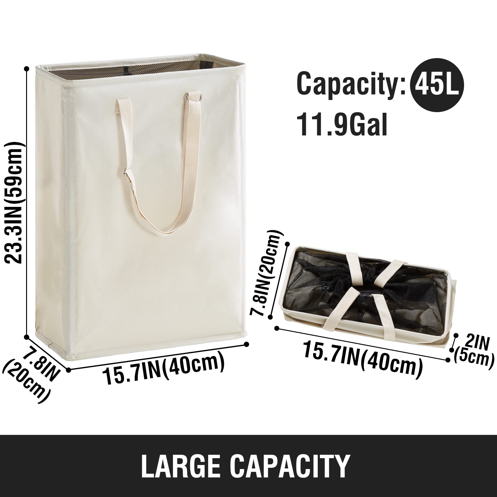 Slim Laundry Hamper with Adjustable Long Handles  45L Small Laundry Baskets with Mesh Top  Narrow Dirty Clothes Hamper for Bedroom  Closet  and Bathroom - Beige