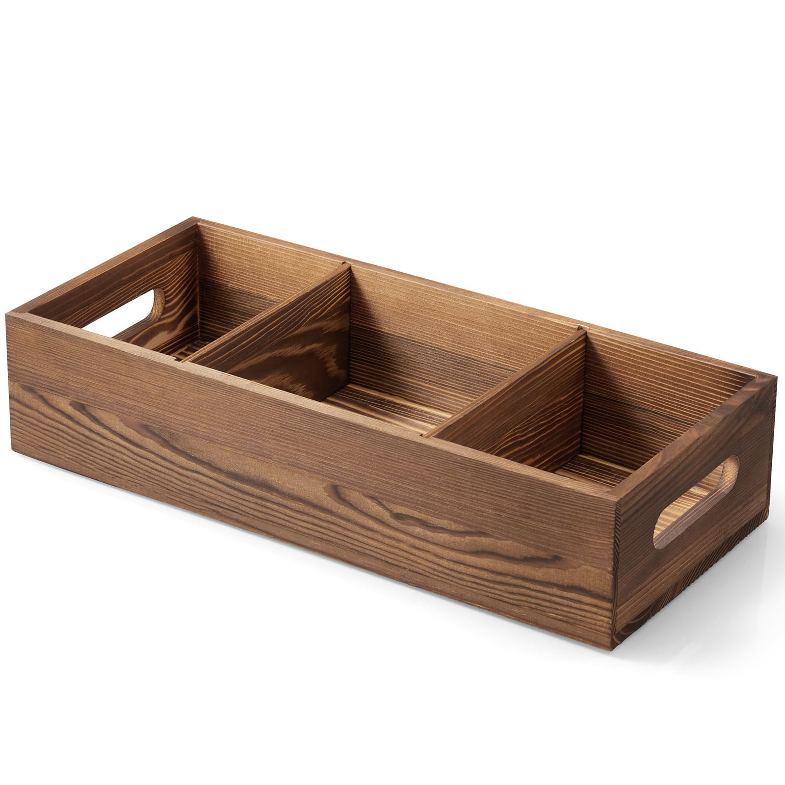 14 Inch Wood Bathroom Basket with Removable Dividers - 3 Comparments Wooden Toilet Paper Basket with Handle for Back of Toilet T