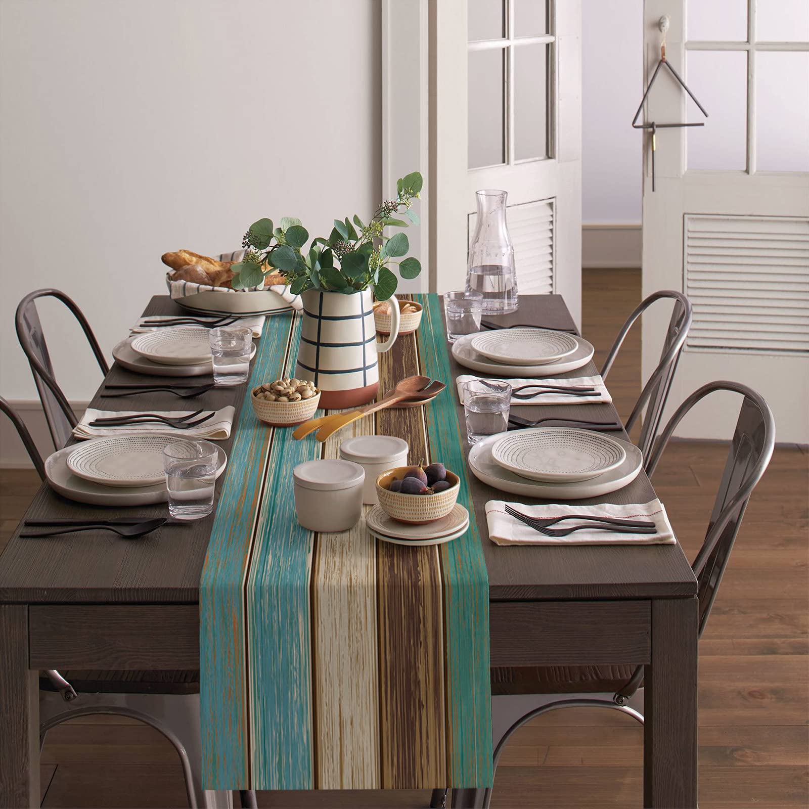Cotton Linen Table Runner Dresser Scarves Retro Rustic Barn Wood&Teal Green Brown Non-Slip Burlap Rectangle Table Setting Decor