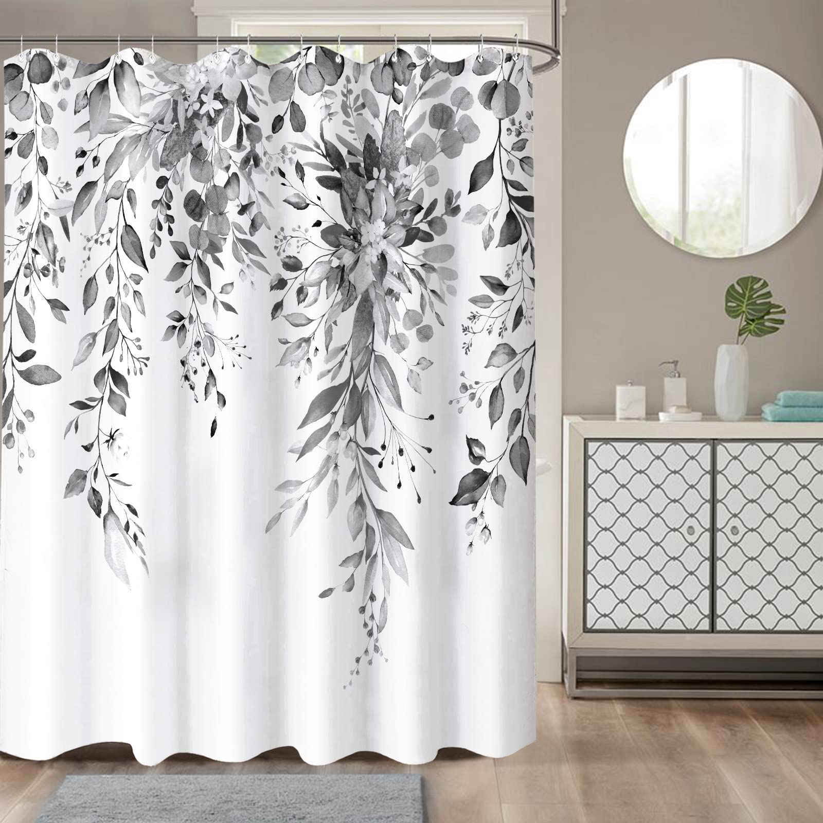 Zussun 84 Inch Extra Long Gray and White Eucalyptus Shower Curtain Watercolor Grey Floral Plant Leaf Shower Curtains for Bathroom Flower Waterproof Fabric Bath Curtain with Hooks (Black  72'' x 84'')