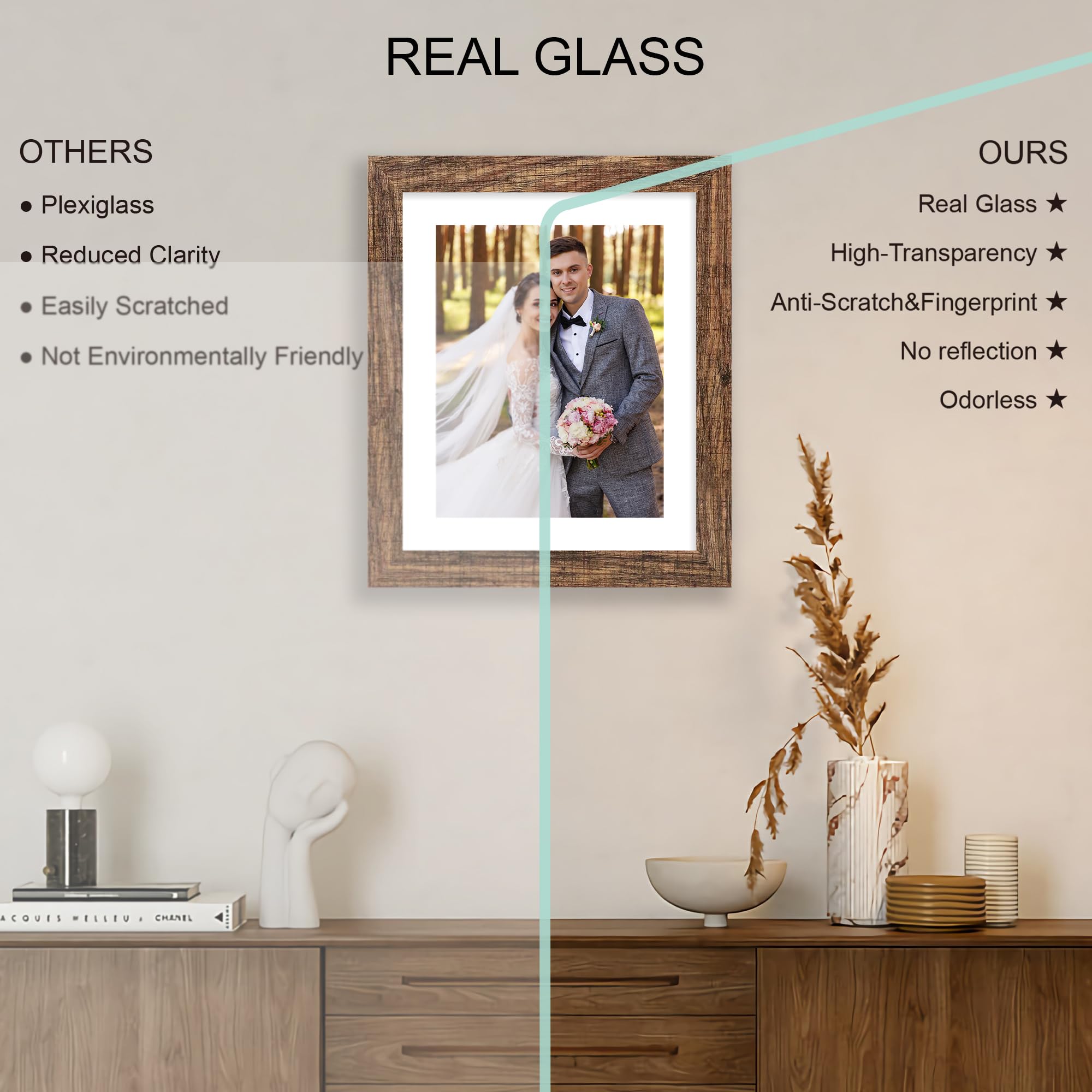 Hongkee 9x11 Picture Frame Set of 4, Made of Real Glass and Rustic Brown Frame - Display Picture 7x9 with Mat or 9x11 Without Ma