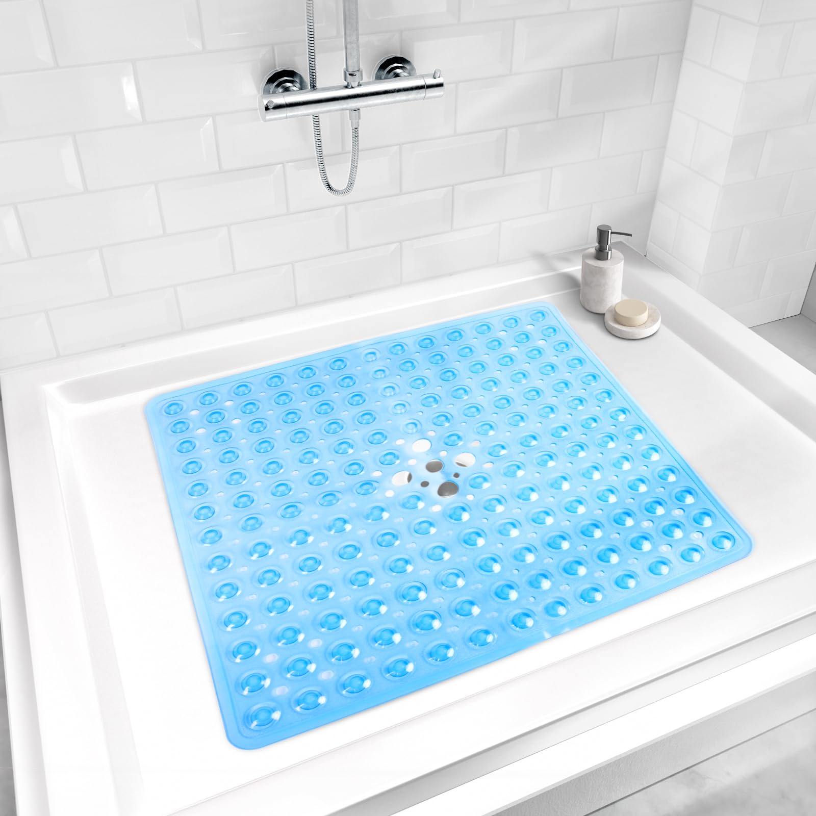 Amazerbath Shower Mat Non Slip 21 X 21 Inches, Square Shower Mat With Suction Cups And Drain Holes, Shower Stall Mat Machine Was