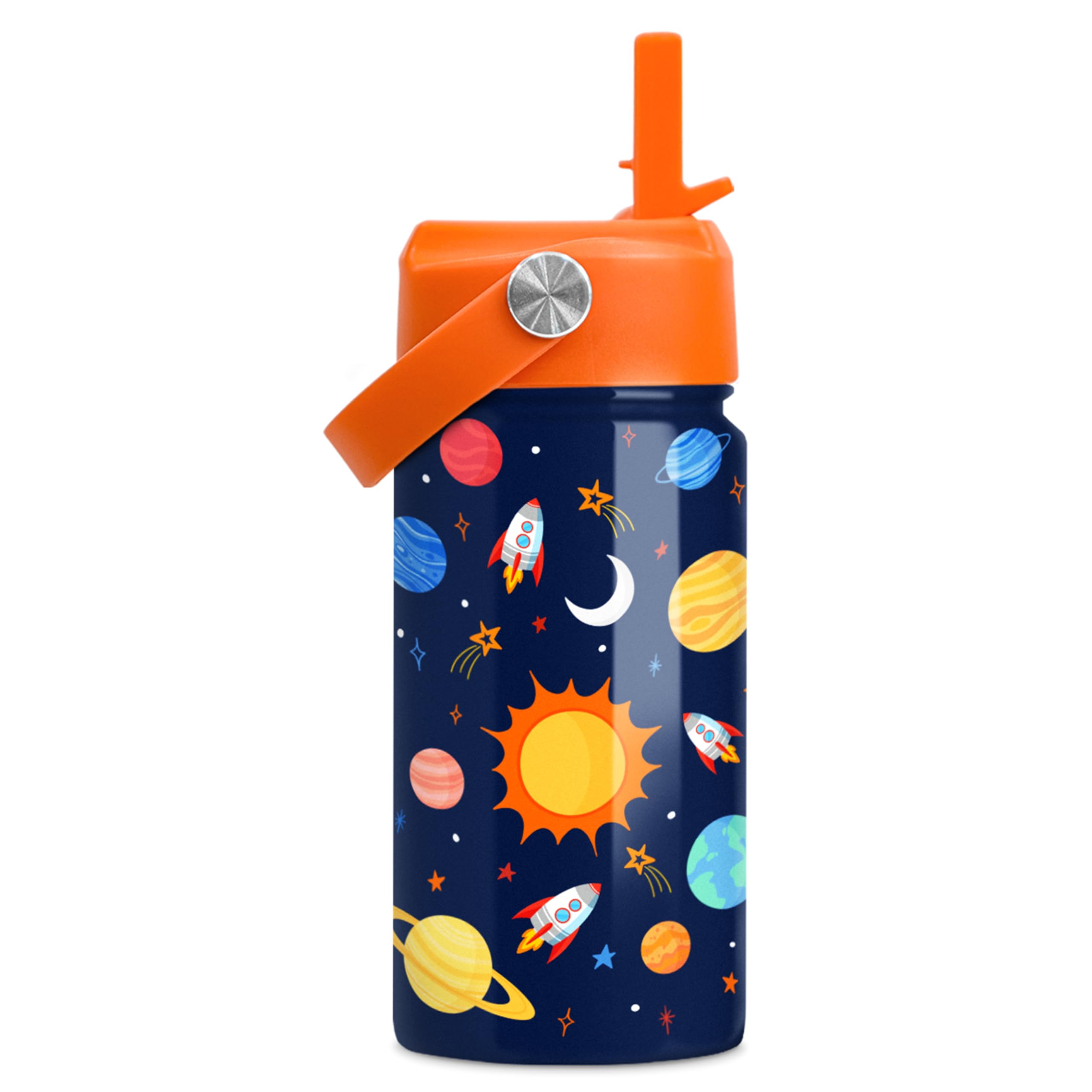 SANDJEST Space Water Bottle - Kids Water Bottle with Straw Lid - 12 Oz Insulated Stainless Steel Water Bottles for Kid Boys Girl