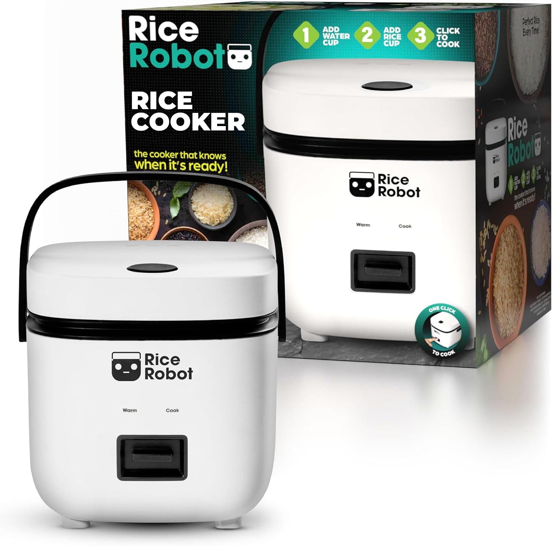 Rice Robot Personal Rice Cooker, PFAS-free, Nonstick. 1 Quart Capacity, with Stainless Steel Steamer Tray, Measuring Cups, Recip