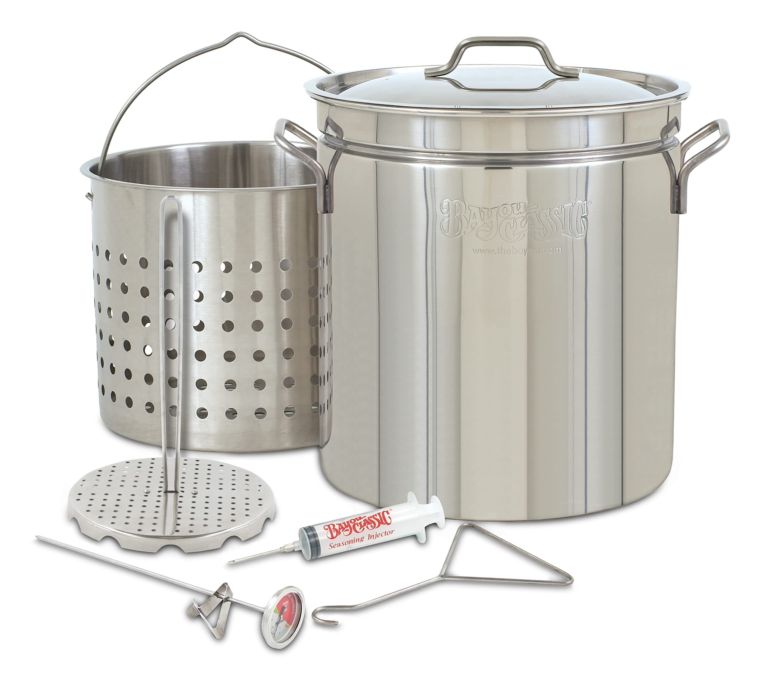 Bayou Classic 1198 44-qt Stainless Grand Gobbler Features Vented Lid Perforated Poultry Rack & Lift Hook 2-oz Seasoning Injector