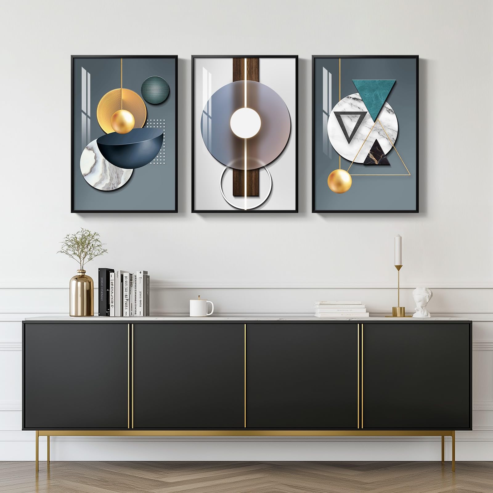 Framed Modern Wall Art For Living Room, 3 Piece Modern Luxury Bright Style Blue Green Paintings Wall Decor, Geometric Prints Art