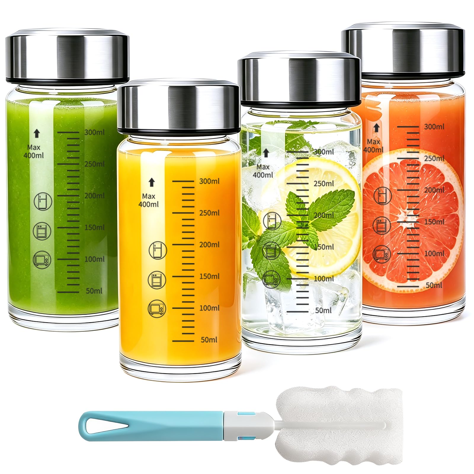 Newraturner 12oz Glass Juice Bottles, 4 Pack