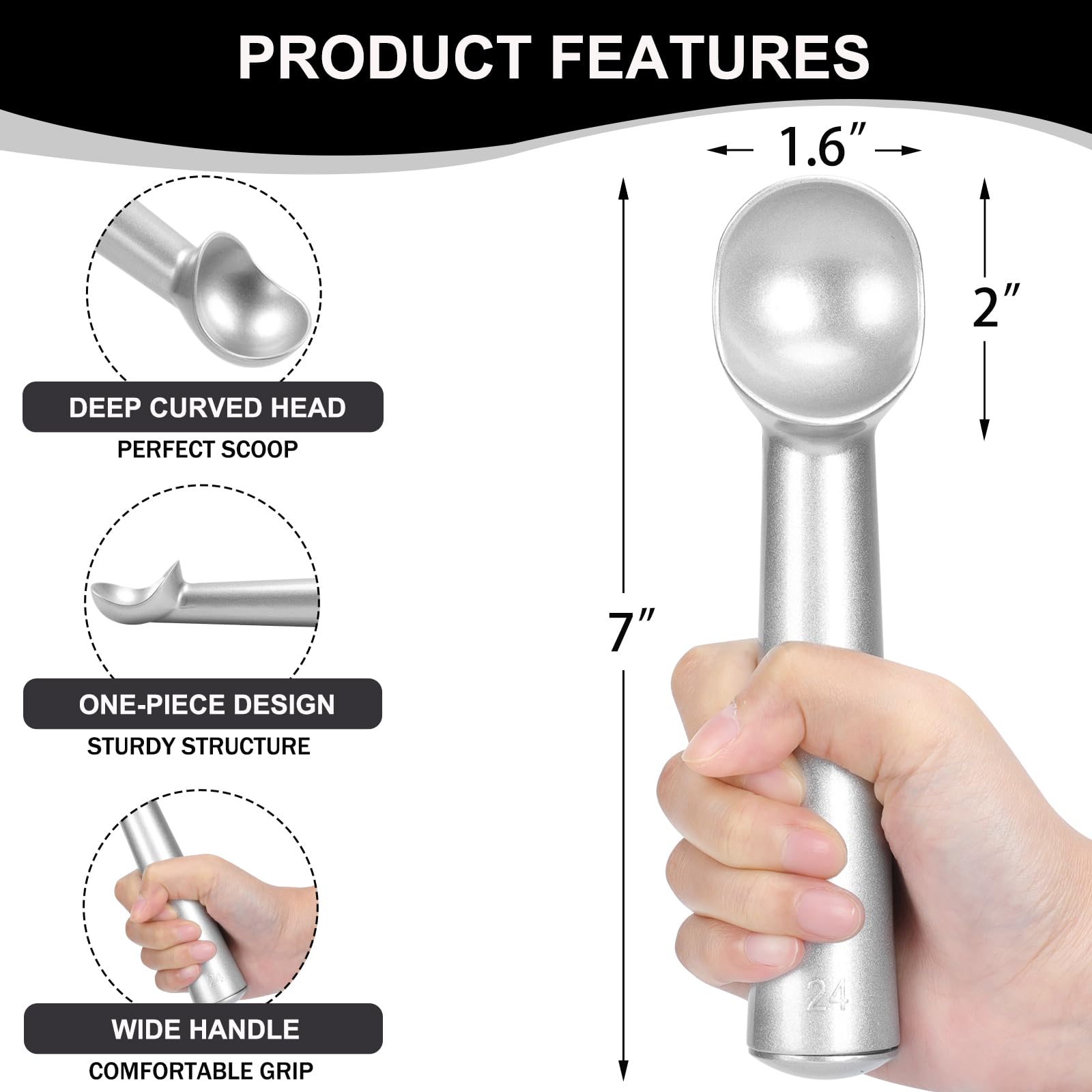 Cunsenr 7 Inch Ice Cream Scoop - Professional Metal Ice Cream Scooper - Easy To Use & Clean - Non-Stick Aluminum Ice Cream Spoon
