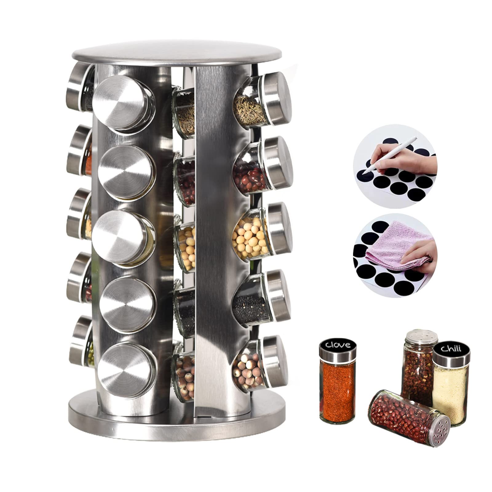 EBIZ&TECH 20-Jar Stainless Steel Rotating Spice Rack with Non-Slip Base - Kitchen Countertop Organizer for Easy Access and Stora