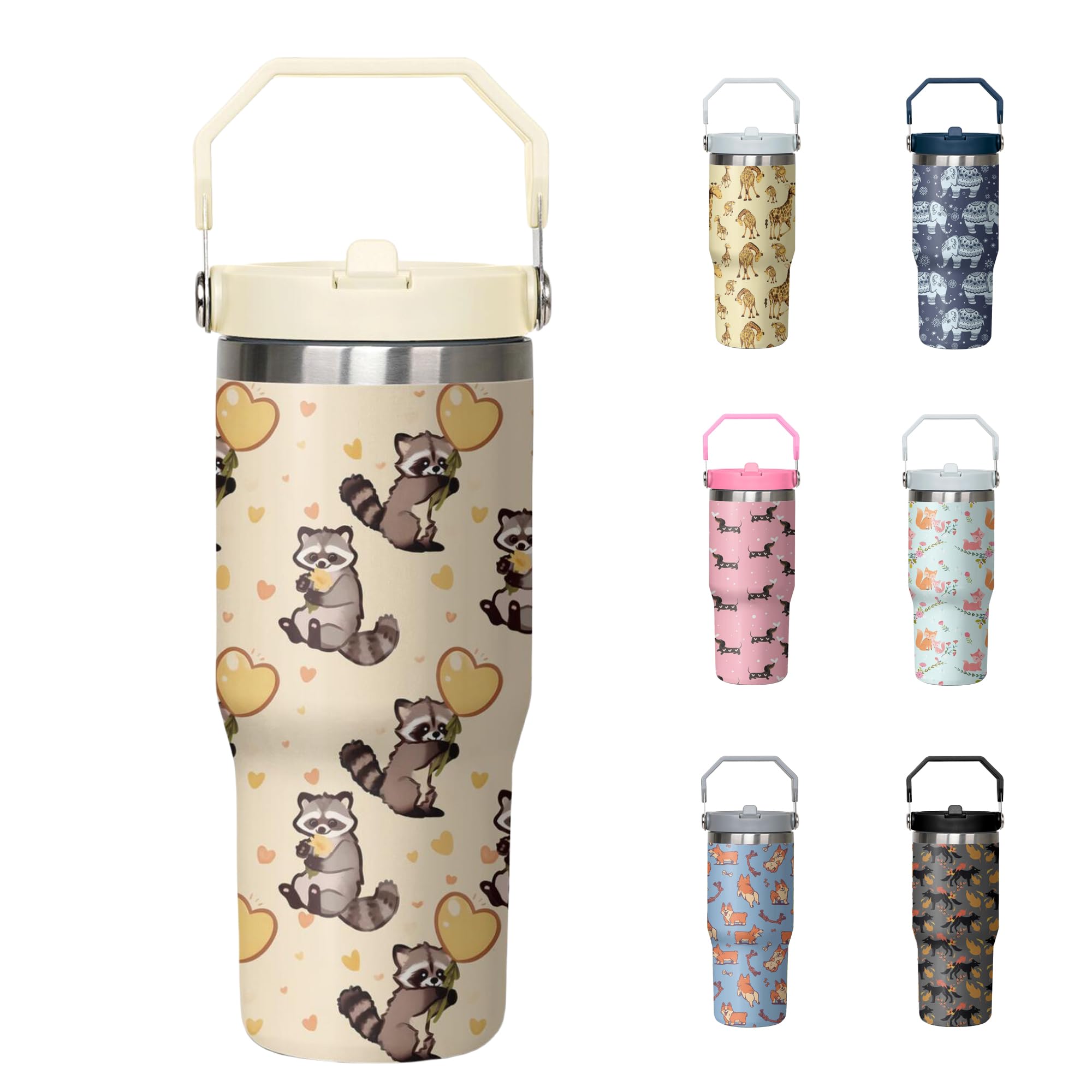 30oz Cute Raccoon Tumbler with Handle and Flip Straw, Stainless Steel Insulated Cup, Travel Coffee Mug Water Bottle, Birthday Mo