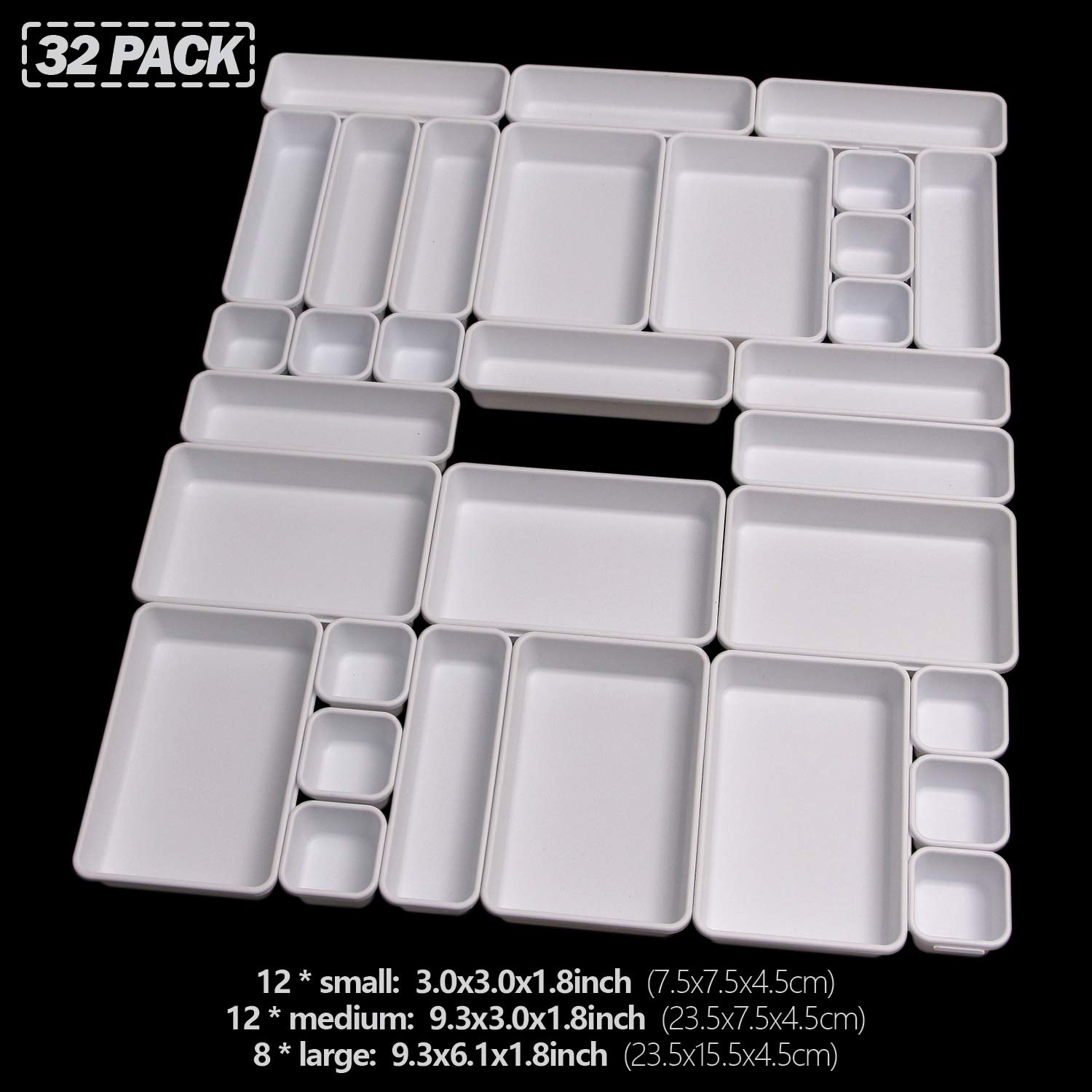 Set of 32 Interlocking Desk Drawer Organizer Tray Dividers Plastic Shallow Narrow Drawers Organizers Separators Storage Bins Con