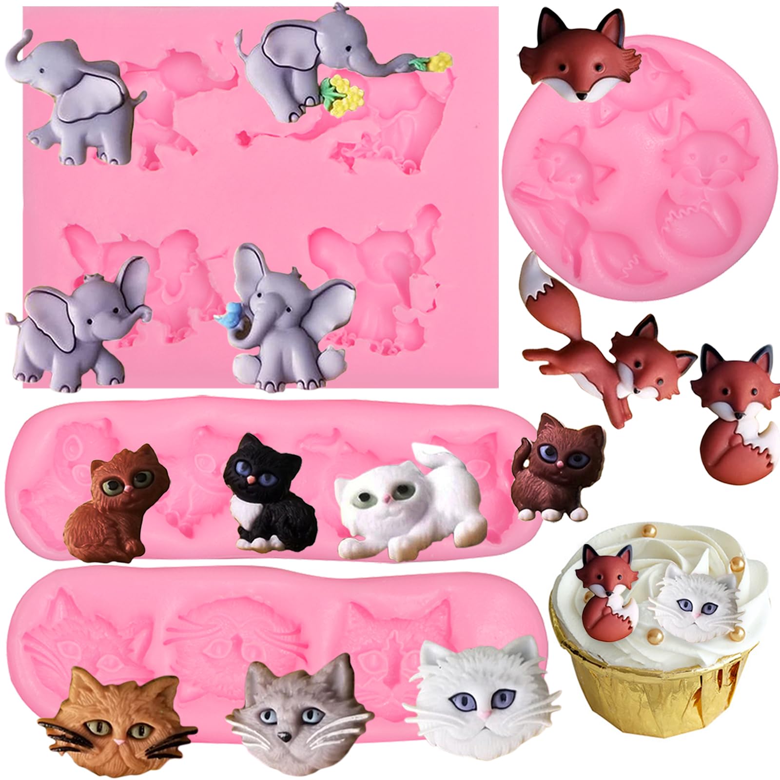 Elephant Silicone Chocolate Molds, 4 Pcs Cut Cat Foxes Animals Fondant Molds For Baby Shower Cake Decoration Candy Cupcake Toppe
