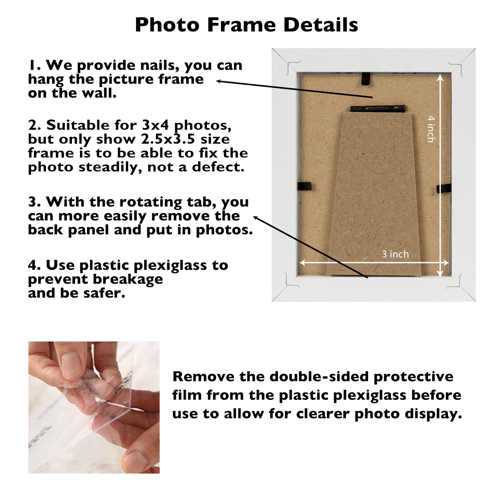 JCJMY 3x4 Picture Frame Black for Tabletop or Wall, 3 x 4 Wall Gallery Poster Photo Frame with Shatter Resistant Plexiglass, Whi