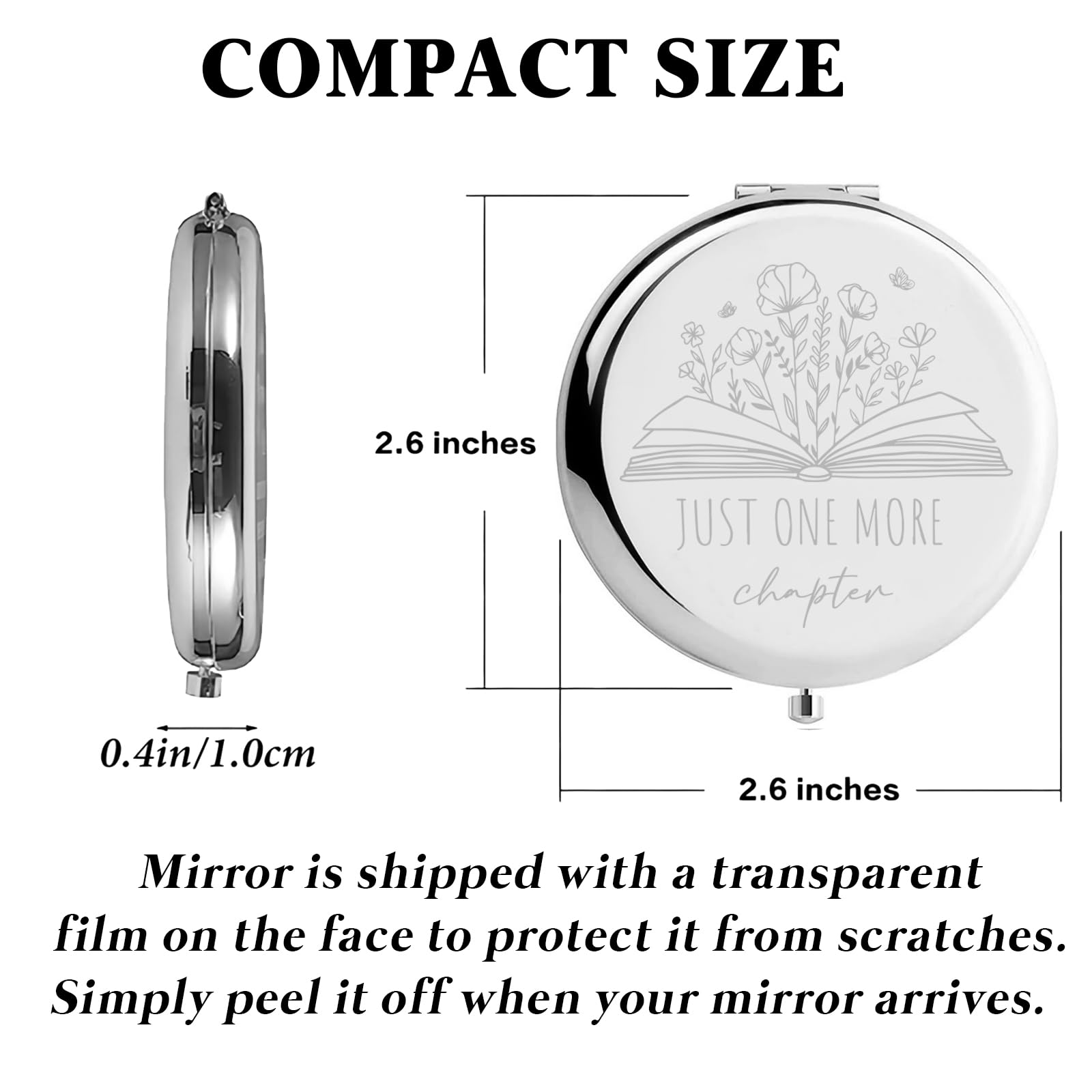 Kasuwow Compact Mirror for Book Lovers, Stainless Steel, 2.6" x 2.6", Perfect Gift for Librarians and Readers